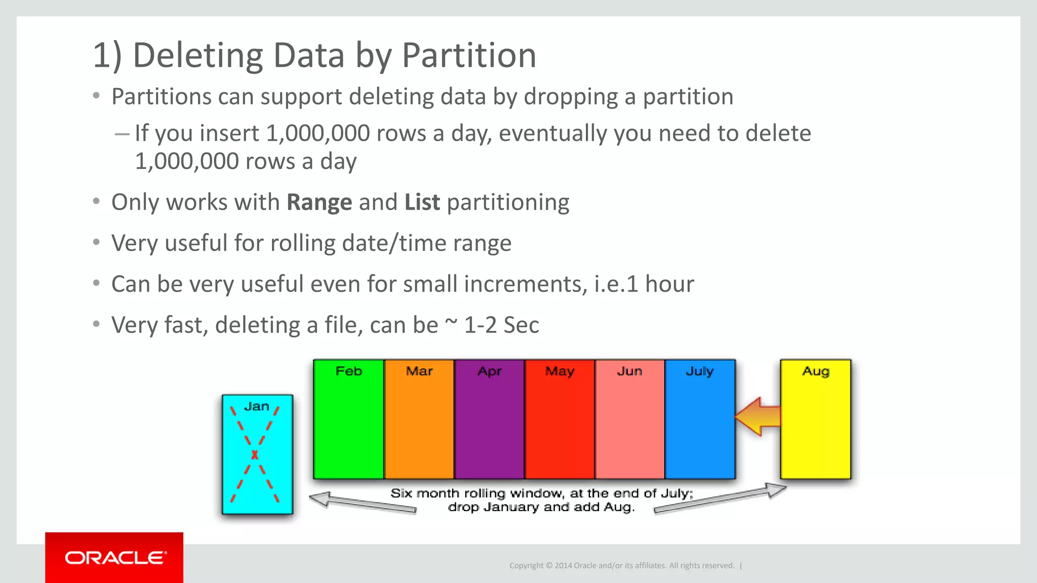 Copyright © 2014 Oracle and/or its affiliates. All rights reserved. |
• Partitions can support deleting data by dropping a partition
– If you insert 1,000,000 rows a day, eventually you need to delete
1,000,000 rows a day
• Only works with Range and List partitioning
• Very useful for rolling date/time range
• Can be very useful even for small increments, i.e.1 hour
• Very fast, deleting a file, can be ~ 1-2 Sec
1) Deleting Data by Partition
 