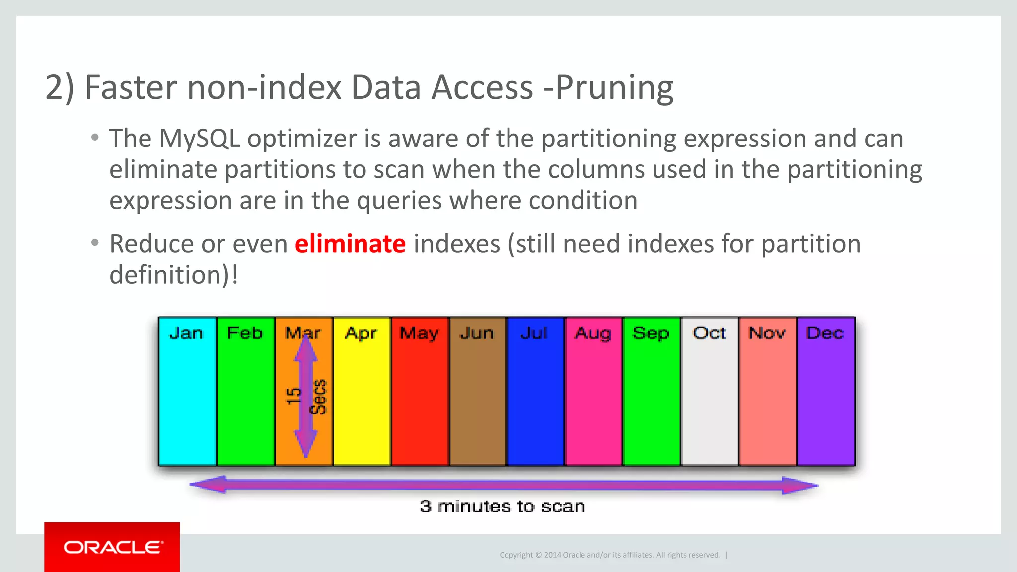 Copyright © 2014 Oracle and/or its affiliates. All rights reserved. |
2) Faster non-index Data Access -Pruning
• The MySQL optimizer is aware of the partitioning expression and can
eliminate partitions to scan when the columns used in the partitioning
expression are in the queries where condition
• Reduce or even eliminate indexes (still need indexes for partition
definition)!
 