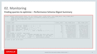 Copyright © 2017, Oracle and/or its affiliates. All rights reserved. |
02. Monitoring
Finding queries to optimize – Performance Schema Digest Summary
mysql> SELECT LEFT(DIGEST_TEXT, 64) AS DIGEST_TEXT, COUNT_STAR, SUM_TIMER_WAIT, MAX_TIMER_WAIT
FROM performance_schema.events_statements_summary_by_digest
ORDER BY MAX_TIMER_WAIT DESC
LIMIT 10;
+------------------------------------------------------------------+------------+-----------------+----------------+
| DIGEST_TEXT | COUNT_STAR | SUM_TIMER_WAIT | MAX_TIMER_WAIT |
+------------------------------------------------------------------+------------+-----------------+----------------+
| INSERT INTO `salaries` VALUES (...) /* , ... */ | 342 | 159811231808000 | 4156961573000 |
| INSERT INTO `dept_emp` VALUES (...) /* , ... */ | 42 | 31561264335000 | 2458392698000 |
| INSERT INTO `titles` VALUES (...) /* , ... */ | 63 | 35738435708000 | 1735350241000 |
| INSERT INTO `employees` VALUES (...) /* , ... */ | 51 | 18004605187000 | 1679817477000 |
| INSERT INTO `sbtest` ( `k` , `c` , `pad` ) VALUES (...) /* , ... | 10 | 5241286782000 | 1247361451000 |
| COMMIT | 342 | 31984662051000 | 992714081000 |
| DROP SCHEMA IF EXISTS `employees` | 6 | 1252459420000 | 848771265000 |
| CREATE TABLE `sbtest` ( `id` INTEGER UNSIGNED NOT NULL AUTO_INCR | 1 | 565468324000 | 565468324000 |
| CREATE TABLE `dept_manager` ( `dept_no` CHARACTER (?) NOT NULL , | 3 | 355874700000 | 220491035000 |
| SELECT COUNT (?) AS `cnt` , `round` ( ( `performance_schema` . ` | 6 | 386062170000 | 217206520000 |
+------------------------------------------------------------------+------------+-----------------+----------------+
10 rows in set (0.00 sec)
22
 