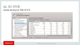 Copyright © 2016, Oracle and/or its affiliates. All rights reserved. |
02. 모니터링
MySQL Workbench 성능 보고서
19
 