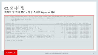 Copyright © 2017, Oracle and/or its affiliates. All rights reserved. |
02. 모니터링
최적화 할 쿼리 찾기 – 성능 스키마 Digest 서머리
mysql> SELECT LEFT(DIGEST_TEXT, 64) AS DIGEST_TEXT, COUNT_STAR, SUM_TIMER_WAIT, MAX_TIMER_WAIT
FROM performance_schema.events_statements_summary_by_digest
ORDER BY MAX_TIMER_WAIT DESC
LIMIT 10;
+------------------------------------------------------------------+------------+-----------------+----------------+
| DIGEST_TEXT | COUNT_STAR | SUM_TIMER_WAIT | MAX_TIMER_WAIT |
+------------------------------------------------------------------+------------+-----------------+----------------+
| INSERT INTO `salaries` VALUES (...) /* , ... */ | 342 | 159811231808000 | 4156961573000 |
| INSERT INTO `dept_emp` VALUES (...) /* , ... */ | 42 | 31561264335000 | 2458392698000 |
| INSERT INTO `titles` VALUES (...) /* , ... */ | 63 | 35738435708000 | 1735350241000 |
| INSERT INTO `employees` VALUES (...) /* , ... */ | 51 | 18004605187000 | 1679817477000 |
| INSERT INTO `sbtest` ( `k` , `c` , `pad` ) VALUES (...) /* , ... | 10 | 5241286782000 | 1247361451000 |
| COMMIT | 342 | 31984662051000 | 992714081000 |
| DROP SCHEMA IF EXISTS `employees` | 6 | 1252459420000 | 848771265000 |
| CREATE TABLE `sbtest` ( `id` INTEGER UNSIGNED NOT NULL AUTO_INCR | 1 | 565468324000 | 565468324000 |
| CREATE TABLE `dept_manager` ( `dept_no` CHARACTER (?) NOT NULL , | 3 | 355874700000 | 220491035000 |
| SELECT COUNT (?) AS `cnt` , `round` ( ( `performance_schema` . ` | 6 | 386062170000 | 217206520000 |
+------------------------------------------------------------------+------------+-----------------+----------------+
10 rows in set (0.00 sec)
22
 
