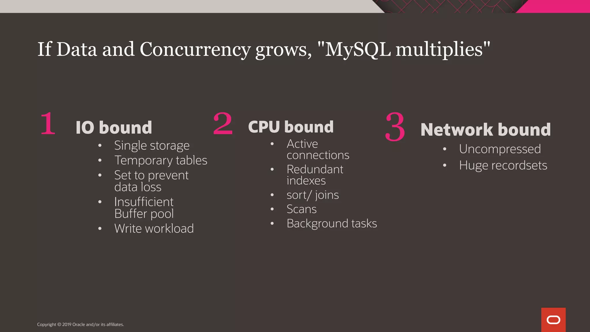 1 2 3 Copyright © 2019 Oracle and/or its affiliates. If Data and Concurrency grows, "MySQL multiplies" IO bound • Single storage • Temporary tables • Set to prevent data loss • Insufficient Buffer pool • Write workload CPU bound • Active connections • Redundant indexes • sort/ joins • Scans • Background tasks Network bound • Uncompressed • Huge recordsets 