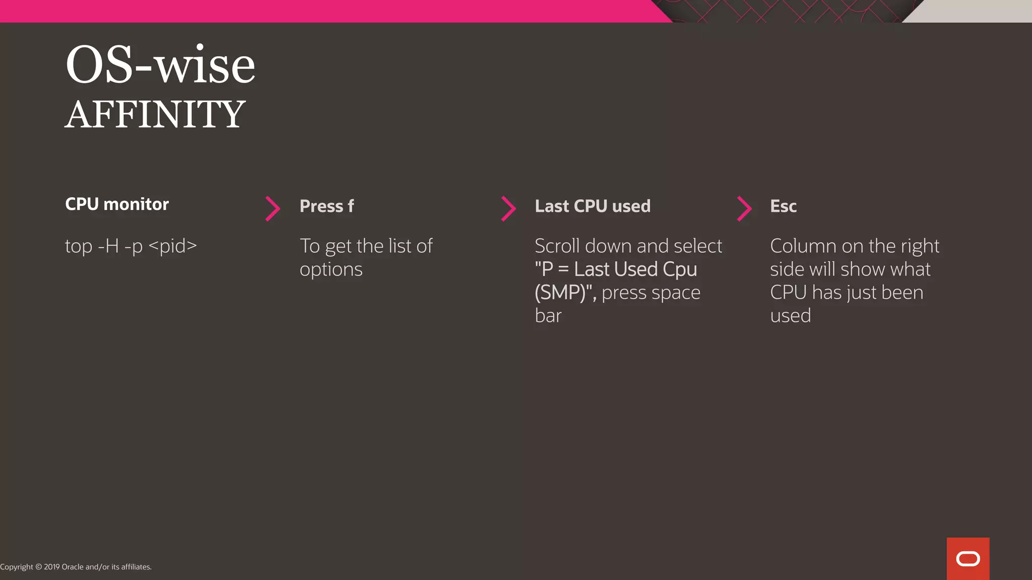 CPU monitor Press f Last CPU used Esc OS-wise AFFINITY top -H -p <pid> To get the list of options Scroll down and select "P = Last Used Cpu (SMP)", press space bar Column on the right side will show what CPU has just been used Copyright © 2019 Oracle and/or its affiliates. 
