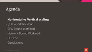 Agenda
• Horizontal vs Vertical scaling
• I/O Bound Workload
• CPU Bound Workload
• Network Bound Workload
• OS-wise
• Conclusions
Copyright © 2019 Oracle and/or its affiliates.
 