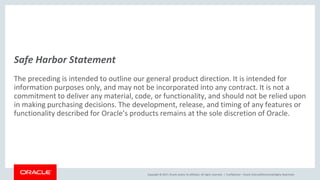 Copyright © 2017, Oracle and/or its affiliates. All rights reserved. |
Safe Harbor Statement
The preceding is intended to outline our general product direction. It is intended for
information purposes only, and may not be incorporated into any contract. It is not a
commitment to deliver any material, code, or functionality, and should not be relied upon
in making purchasing decisions. The development, release, and timing of any features or
functionality described for Oracle’s products remains at the sole discretion of Oracle.
Confidential – Oracle Internal/Restricted/Highly Restricted
 