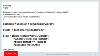 Copyright © 2017, Oracle and/or its affiliates. All rights reserved. | 52
#!/bin/php
<?php
$session = mysql_xdevapigetSession("mysqlx://root:hidave@localhost:33060");
if ($session === NULL) {
die("Connection could not be established");
}
$schema = $session->getSchema("world");
$table = $schema->getTable("city");
$row = $table->select('Name','District')
->where('District like :district')
->bind(['district' => 'Texas'])
->execute()->fetchAll();
print_r($row);
 