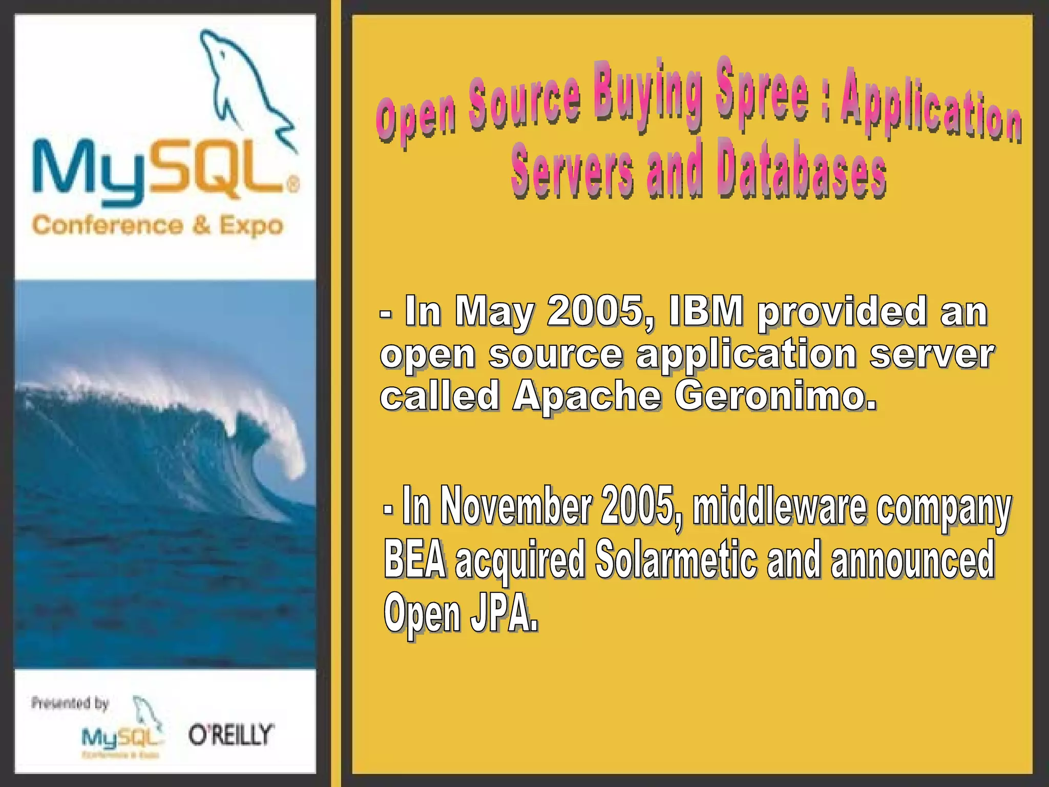 - In May 2005, IBM provided an  open source application server  called Apache Geronimo.  - In November 2005, middleware company  BEA acquired Solarmetic and announced  Open JPA. Open Source Buying Spree : Application  Servers and Databases 