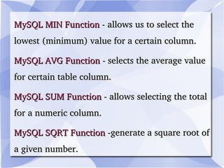 SQRT :   The  SQRT  function takes in a single numeric expression and returns its square root.  CEILING (CEIL): The  CEILING  function returns the smallest integer that is greater than or equal to the value of the numeric expression provided as an input parameter. 