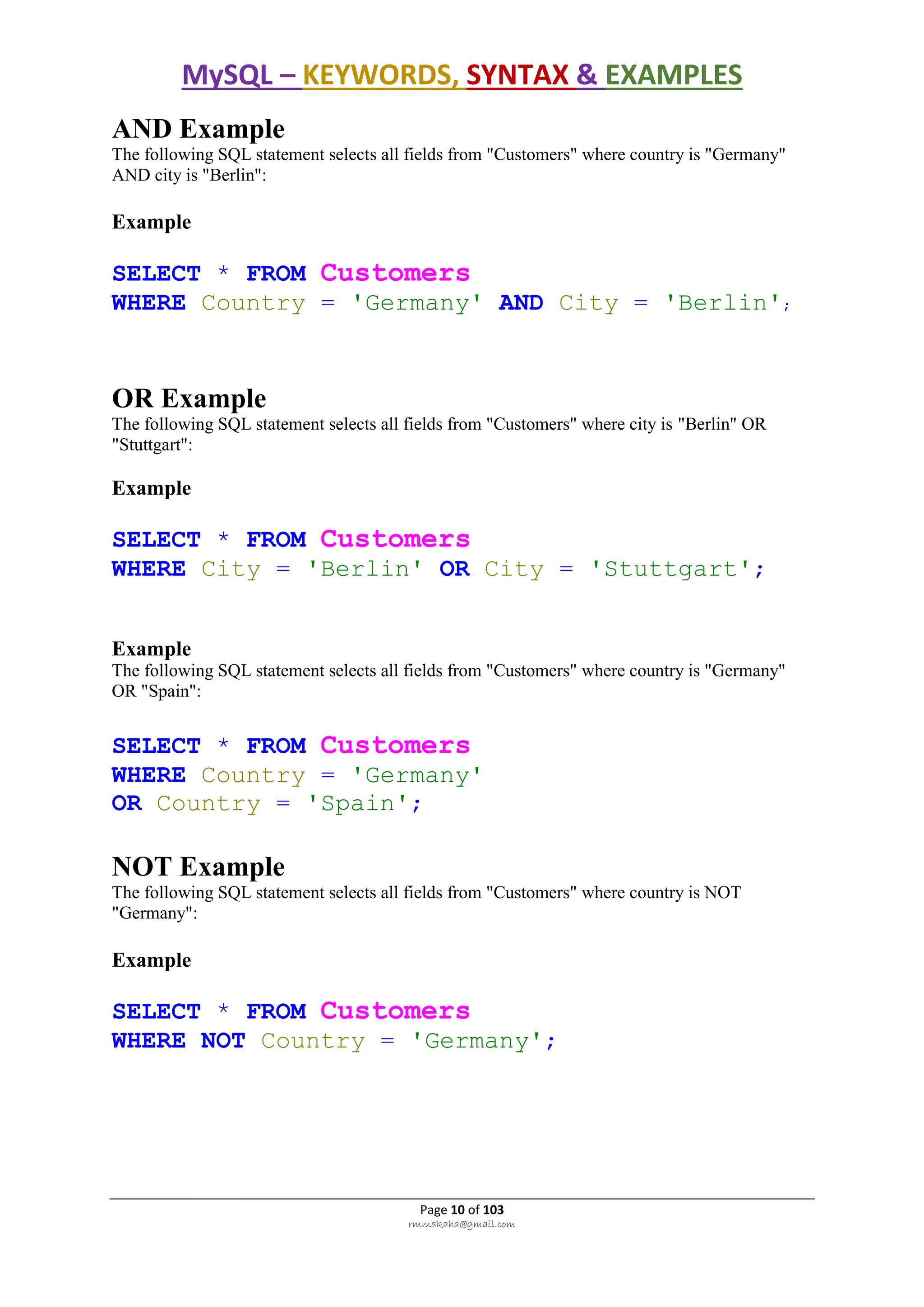 MySQL – KEYWORDS, SYNTAX & EXAMPLES
Page 10 of 103
rmmakaha@gmail.com
AND Example
The following SQL statement selects all fields from "Customers" where country is "Germany"
AND city is "Berlin":
Example
SELECT * FROM Customers
WHERE Country = 'Germany' AND City = 'Berlin';
OR Example
The following SQL statement selects all fields from "Customers" where city is "Berlin" OR
"Stuttgart":
Example
SELECT * FROM Customers
WHERE City = 'Berlin' OR City = 'Stuttgart';
Example
The following SQL statement selects all fields from "Customers" where country is "Germany"
OR "Spain":
SELECT * FROM Customers
WHERE Country = 'Germany'
OR Country = 'Spain';
NOT Example
The following SQL statement selects all fields from "Customers" where country is NOT
"Germany":
Example
SELECT * FROM Customers
WHERE NOT Country = 'Germany';
 