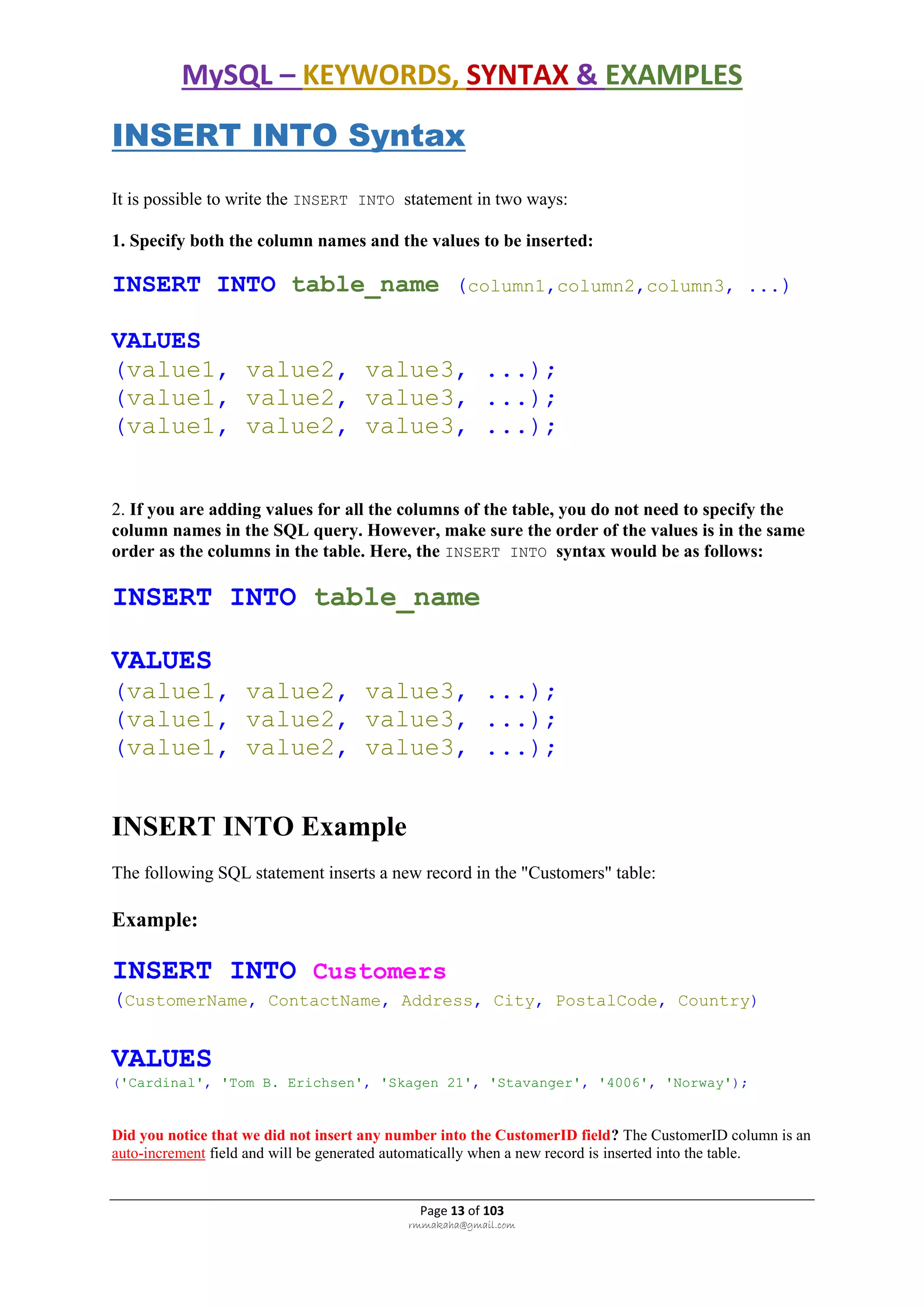 MySQL – KEYWORDS, SYNTAX & EXAMPLES
Page 13 of 103
rmmakaha@gmail.com
INSERT INTO Syntax
It is possible to write the INSERT INTO statement in two ways:
1. Specify both the column names and the values to be inserted:
INSERT INTO table_name (column1,column2,column3, ...)
VALUES
(value1, value2, value3, ...);
(value1, value2, value3, ...);
(value1, value2, value3, ...);
2. If you are adding values for all the columns of the table, you do not need to specify the
column names in the SQL query. However, make sure the order of the values is in the same
order as the columns in the table. Here, the INSERT INTO syntax would be as follows:
INSERT INTO table_name
VALUES
(value1, value2, value3, ...);
(value1, value2, value3, ...);
(value1, value2, value3, ...);
INSERT INTO Example
The following SQL statement inserts a new record in the "Customers" table:
Example:
INSERT INTO Customers
(CustomerName, ContactName, Address, City, PostalCode, Country)
VALUES
('Cardinal', 'Tom B. Erichsen', 'Skagen 21', 'Stavanger', '4006', 'Norway');
Did you notice that we did not insert any number into the CustomerID field? The CustomerID column is an
auto-increment field and will be generated automatically when a new record is inserted into the table.
 