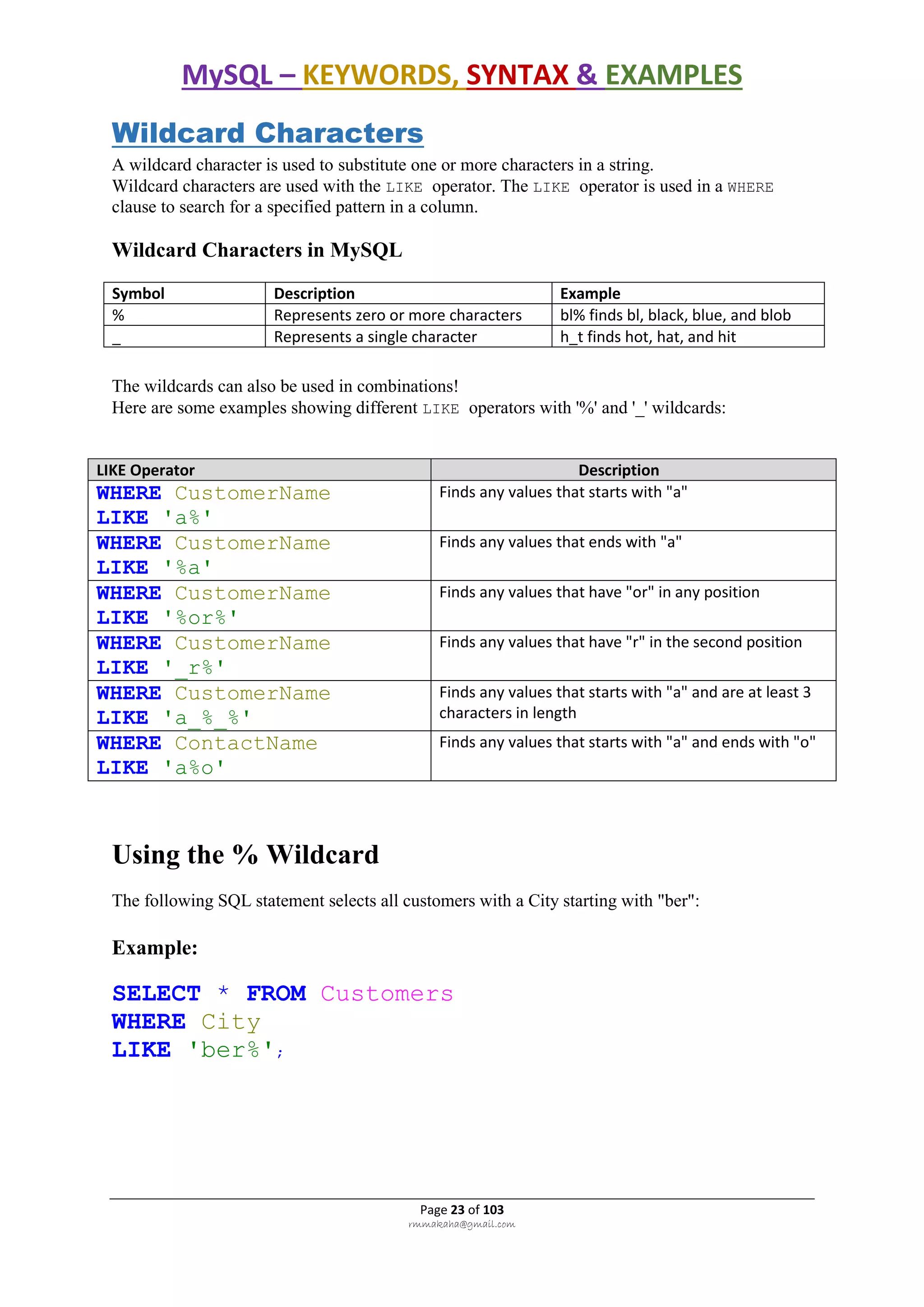 MySQL – KEYWORDS, SYNTAX & EXAMPLES
Page 23 of 103
rmmakaha@gmail.com
Wildcard Characters
A wildcard character is used to substitute one or more characters in a string.
Wildcard characters are used with the LIKE operator. The LIKE operator is used in a WHERE
clause to search for a specified pattern in a column.
Wildcard Characters in MySQL
Symbol Description Example
% Represents zero or more characters bl% finds bl, black, blue, and blob
_ Represents a single character h_t finds hot, hat, and hit
The wildcards can also be used in combinations!
Here are some examples showing different LIKE operators with '%' and '_' wildcards:
LIKE Operator Description
WHERE CustomerName
LIKE 'a%'
Finds any values that starts with "a"
WHERE CustomerName
LIKE '%a'
Finds any values that ends with "a"
WHERE CustomerName
LIKE '%or%'
Finds any values that have "or" in any position
WHERE CustomerName
LIKE '_r%'
Finds any values that have "r" in the second position
WHERE CustomerName
LIKE 'a_%_%'
Finds any values that starts with "a" and are at least 3
characters in length
WHERE ContactName
LIKE 'a%o'
Finds any values that starts with "a" and ends with "o"
Using the % Wildcard
The following SQL statement selects all customers with a City starting with "ber":
Example:
SELECT * FROM Customers
WHERE City
LIKE 'ber%';
 
