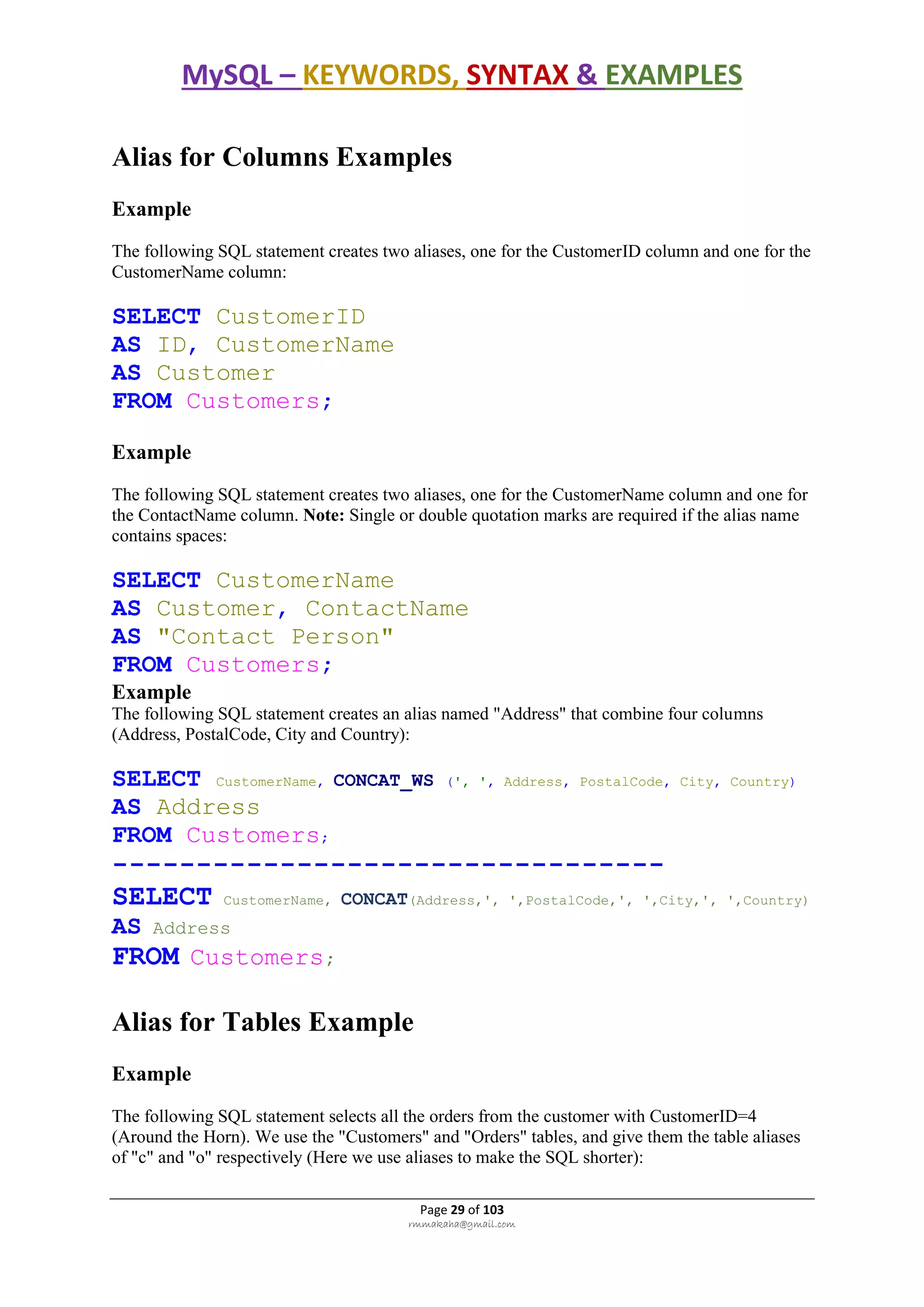 MySQL – KEYWORDS, SYNTAX & EXAMPLES
Page 29 of 103
rmmakaha@gmail.com
Alias for Columns Examples
Example
The following SQL statement creates two aliases, one for the CustomerID column and one for the
CustomerName column:
SELECT CustomerID
AS ID, CustomerName
AS Customer
FROM Customers;
Example
The following SQL statement creates two aliases, one for the CustomerName column and one for
the ContactName column. Note: Single or double quotation marks are required if the alias name
contains spaces:
SELECT CustomerName
AS Customer, ContactName
AS "Contact Person"
FROM Customers;
Example
The following SQL statement creates an alias named "Address" that combine four columns
(Address, PostalCode, City and Country):
SELECT CustomerName, CONCAT_WS (', ', Address, PostalCode, City, Country)
AS Address
FROM Customers;
---------------------------------
SELECT CustomerName, CONCAT(Address,', ',PostalCode,', ',City,', ',Country)
AS Address
FROM Customers;
Alias for Tables Example
Example
The following SQL statement selects all the orders from the customer with CustomerID=4
(Around the Horn). We use the "Customers" and "Orders" tables, and give them the table aliases
of "c" and "o" respectively (Here we use aliases to make the SQL shorter):
 