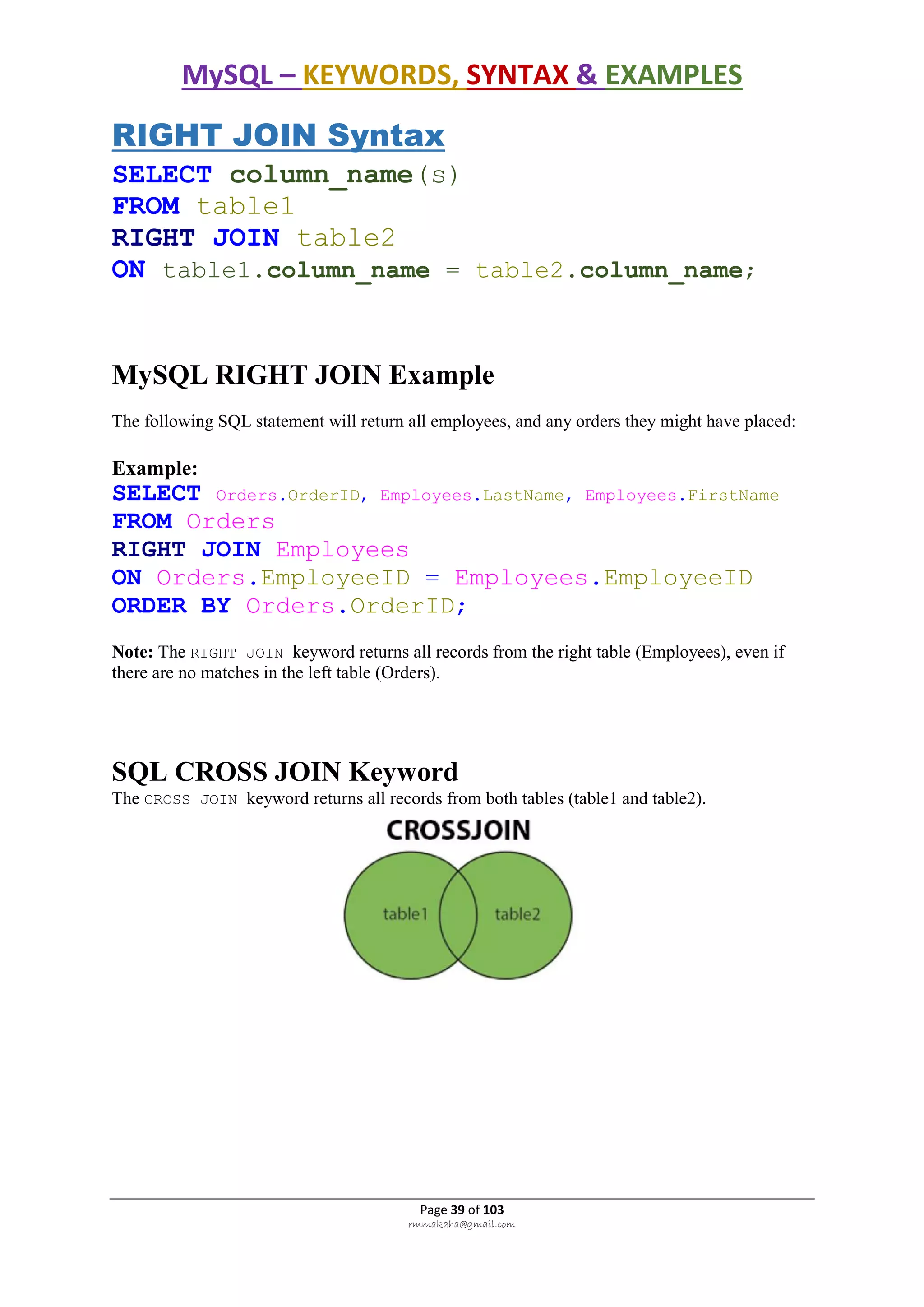 MySQL – KEYWORDS, SYNTAX & EXAMPLES
Page 39 of 103
rmmakaha@gmail.com
RIGHT JOIN Syntax
SELECT column_name(s)
FROM table1
RIGHT JOIN table2
ON table1.column_name = table2.column_name;
MySQL RIGHT JOIN Example
The following SQL statement will return all employees, and any orders they might have placed:
Example:
SELECT Orders.OrderID, Employees.LastName, Employees.FirstName
FROM Orders
RIGHT JOIN Employees
ON Orders.EmployeeID = Employees.EmployeeID
ORDER BY Orders.OrderID;
Note: The RIGHT JOIN keyword returns all records from the right table (Employees), even if
there are no matches in the left table (Orders).
SQL CROSS JOIN Keyword
The CROSS JOIN keyword returns all records from both tables (table1 and table2).
 