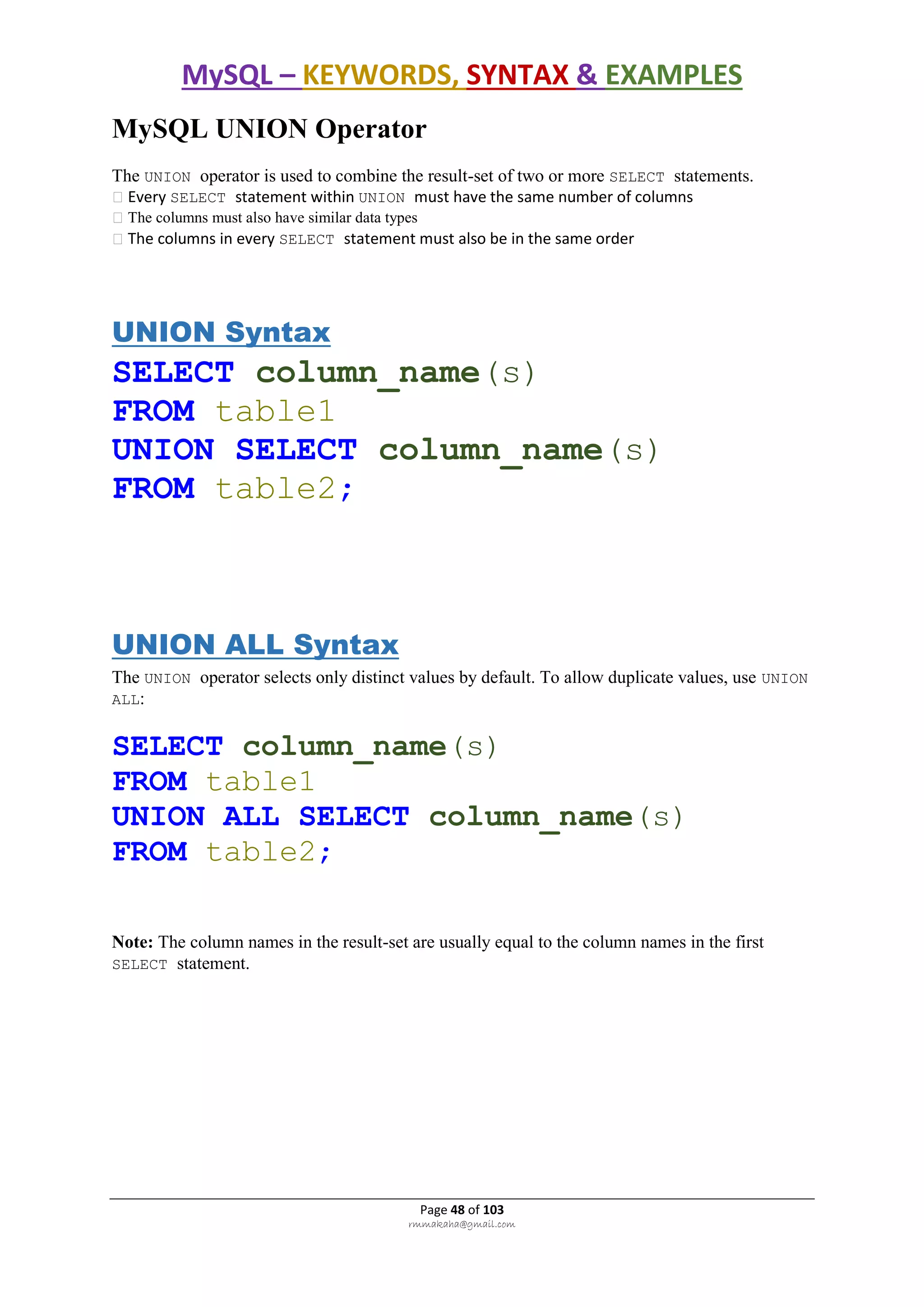 MySQL – KEYWORDS, SYNTAX & EXAMPLES
Page 48 of 103
rmmakaha@gmail.com
MySQL UNION Operator
The UNION operator is used to combine the result-set of two or more SELECT statements.
Every SELECT statement within UNION must have the same number of columns
The columns must also have similar data types
The columns in every SELECT statement must also be in the same order
UNION Syntax
SELECT column_name(s)
FROM table1
UNION SELECT column_name(s)
FROM table2;
UNION ALL Syntax
The UNION operator selects only distinct values by default. To allow duplicate values, use UNION
ALL:
SELECT column_name(s)
FROM table1
UNION ALL SELECT column_name(s)
FROM table2;
Note: The column names in the result-set are usually equal to the column names in the first
SELECT statement.
 