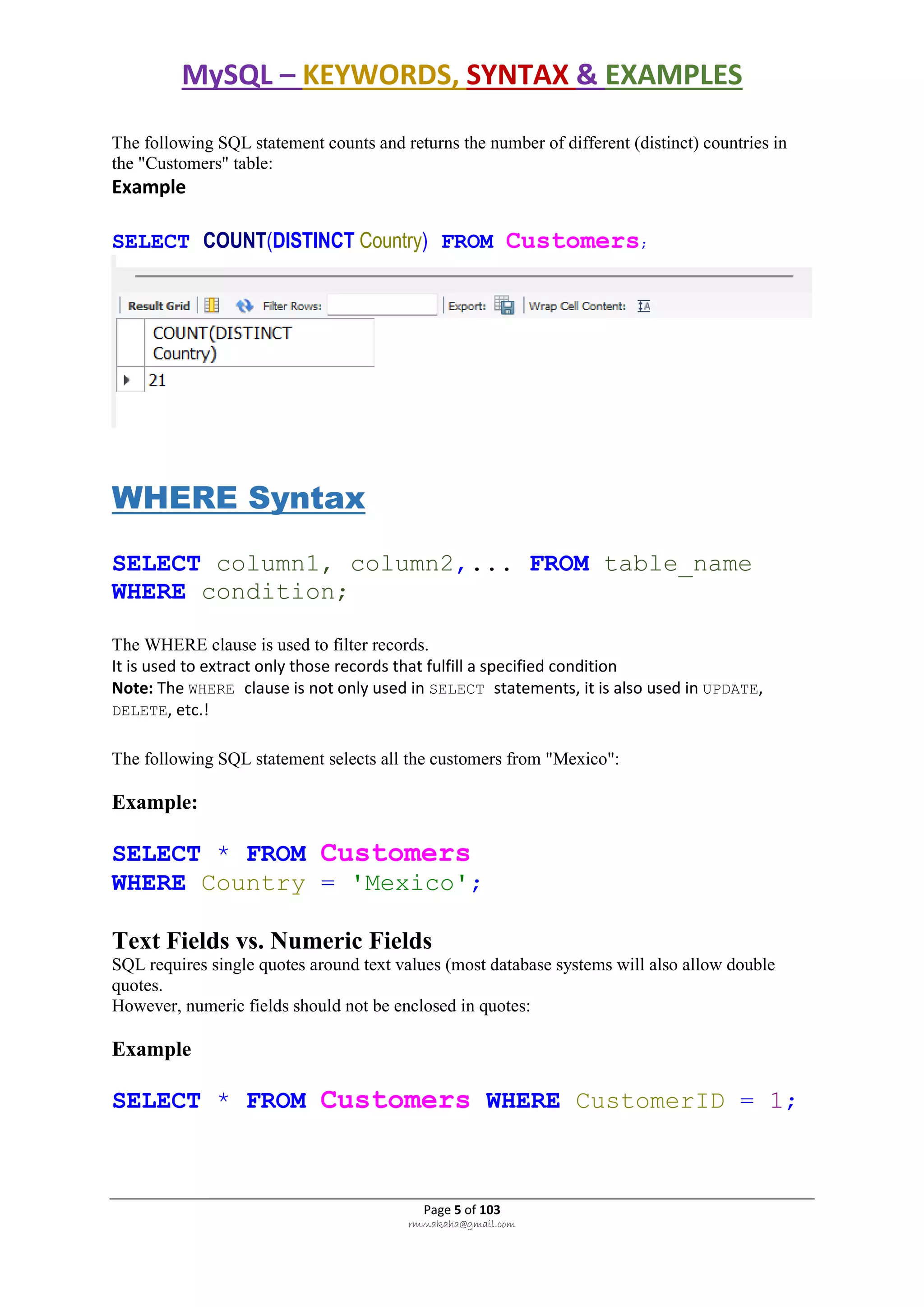 MySQL – KEYWORDS, SYNTAX & EXAMPLES
Page 5 of 103
rmmakaha@gmail.com
The following SQL statement counts and returns the number of different (distinct) countries in
the "Customers" table:
Example
SELECT COUNT(DISTINCT Country) FROM Customers;
WHERE Syntax
SELECT column1, column2,... FROM table_name
WHERE condition;
The WHERE clause is used to filter records.
It is used to extract only those records that fulfill a specified condition
Note: The WHERE clause is not only used in SELECT statements, it is also used in UPDATE,
DELETE, etc.!
The following SQL statement selects all the customers from "Mexico":
Example:
SELECT * FROM Customers
WHERE Country = 'Mexico';
Text Fields vs. Numeric Fields
SQL requires single quotes around text values (most database systems will also allow double
quotes.
However, numeric fields should not be enclosed in quotes:
Example
SELECT * FROM Customers WHERE CustomerID = 1;
 