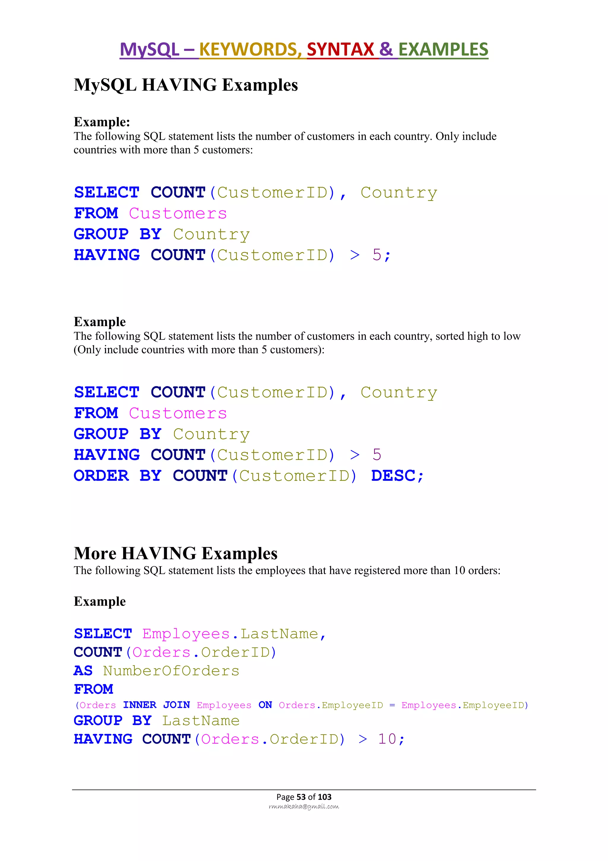 MySQL – KEYWORDS, SYNTAX & EXAMPLES
Page 53 of 103
rmmakaha@gmail.com
MySQL HAVING Examples
Example:
The following SQL statement lists the number of customers in each country. Only include
countries with more than 5 customers:
SELECT COUNT(CustomerID), Country
FROM Customers
GROUP BY Country
HAVING COUNT(CustomerID) > 5;
Example
The following SQL statement lists the number of customers in each country, sorted high to low
(Only include countries with more than 5 customers):
SELECT COUNT(CustomerID), Country
FROM Customers
GROUP BY Country
HAVING COUNT(CustomerID) > 5
ORDER BY COUNT(CustomerID) DESC;
More HAVING Examples
The following SQL statement lists the employees that have registered more than 10 orders:
Example
SELECT Employees.LastName,
COUNT(Orders.OrderID)
AS NumberOfOrders
FROM
(Orders INNER JOIN Employees ON Orders.EmployeeID = Employees.EmployeeID)
GROUP BY LastName
HAVING COUNT(Orders.OrderID) > 10;
 