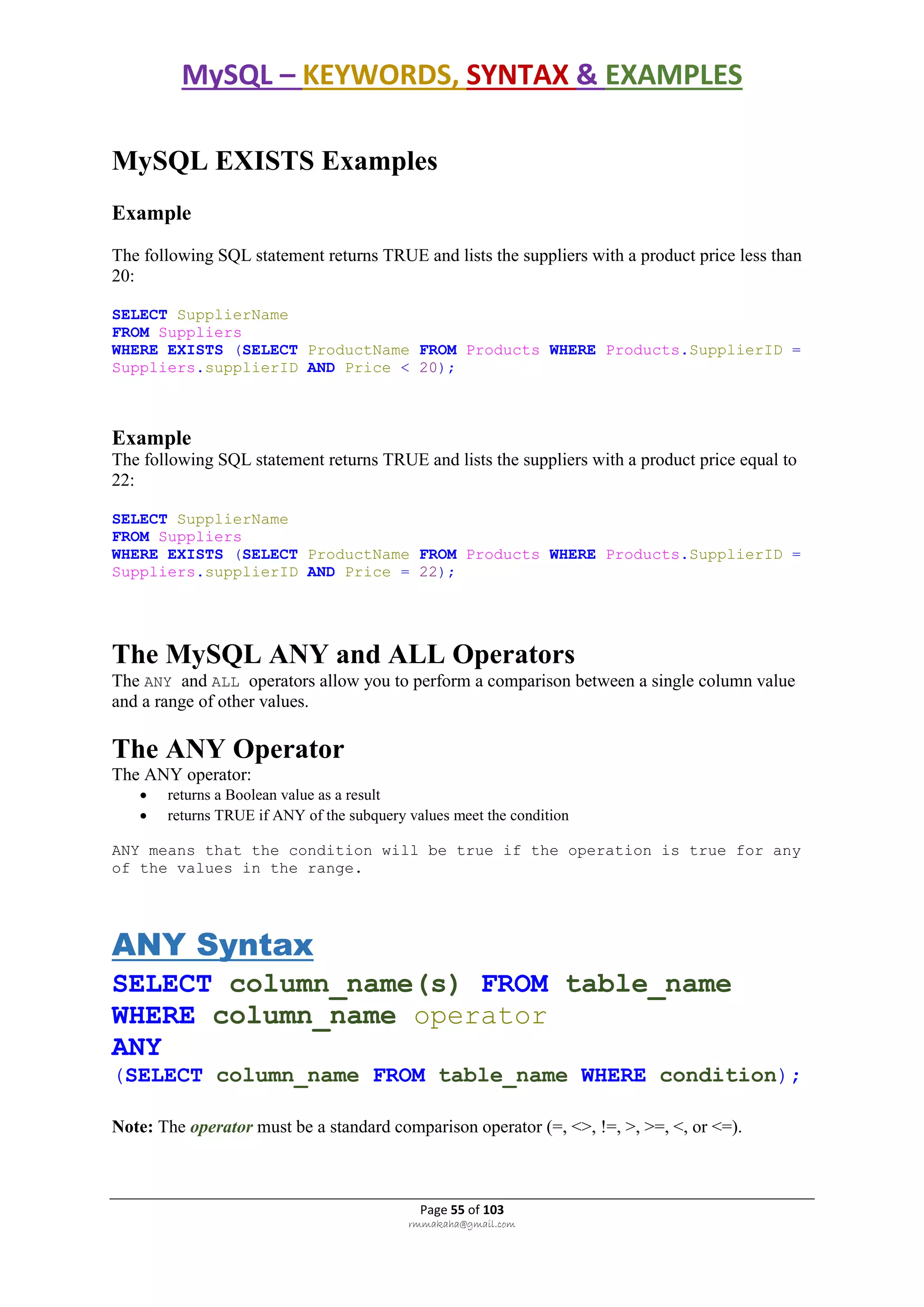 MySQL – KEYWORDS, SYNTAX & EXAMPLES
Page 55 of 103
rmmakaha@gmail.com
MySQL EXISTS Examples
Example
The following SQL statement returns TRUE and lists the suppliers with a product price less than
20:
SELECT SupplierName
FROM Suppliers
WHERE EXISTS (SELECT ProductName FROM Products WHERE Products.SupplierID =
Suppliers.supplierID AND Price < 20);
Example
The following SQL statement returns TRUE and lists the suppliers with a product price equal to
22:
SELECT SupplierName
FROM Suppliers
WHERE EXISTS (SELECT ProductName FROM Products WHERE Products.SupplierID =
Suppliers.supplierID AND Price = 22);
The MySQL ANY and ALL Operators
The ANY and ALL operators allow you to perform a comparison between a single column value
and a range of other values.
The ANY Operator
The ANY operator:
 returns a Boolean value as a result
 returns TRUE if ANY of the subquery values meet the condition
ANY means that the condition will be true if the operation is true for any
of the values in the range.
ANY Syntax
SELECT column_name(s) FROM table_name
WHERE column_name operator
ANY
(SELECT column_name FROM table_name WHERE condition);
Note: The operator must be a standard comparison operator (=, <>, !=, >, >=, <, or <=).
 