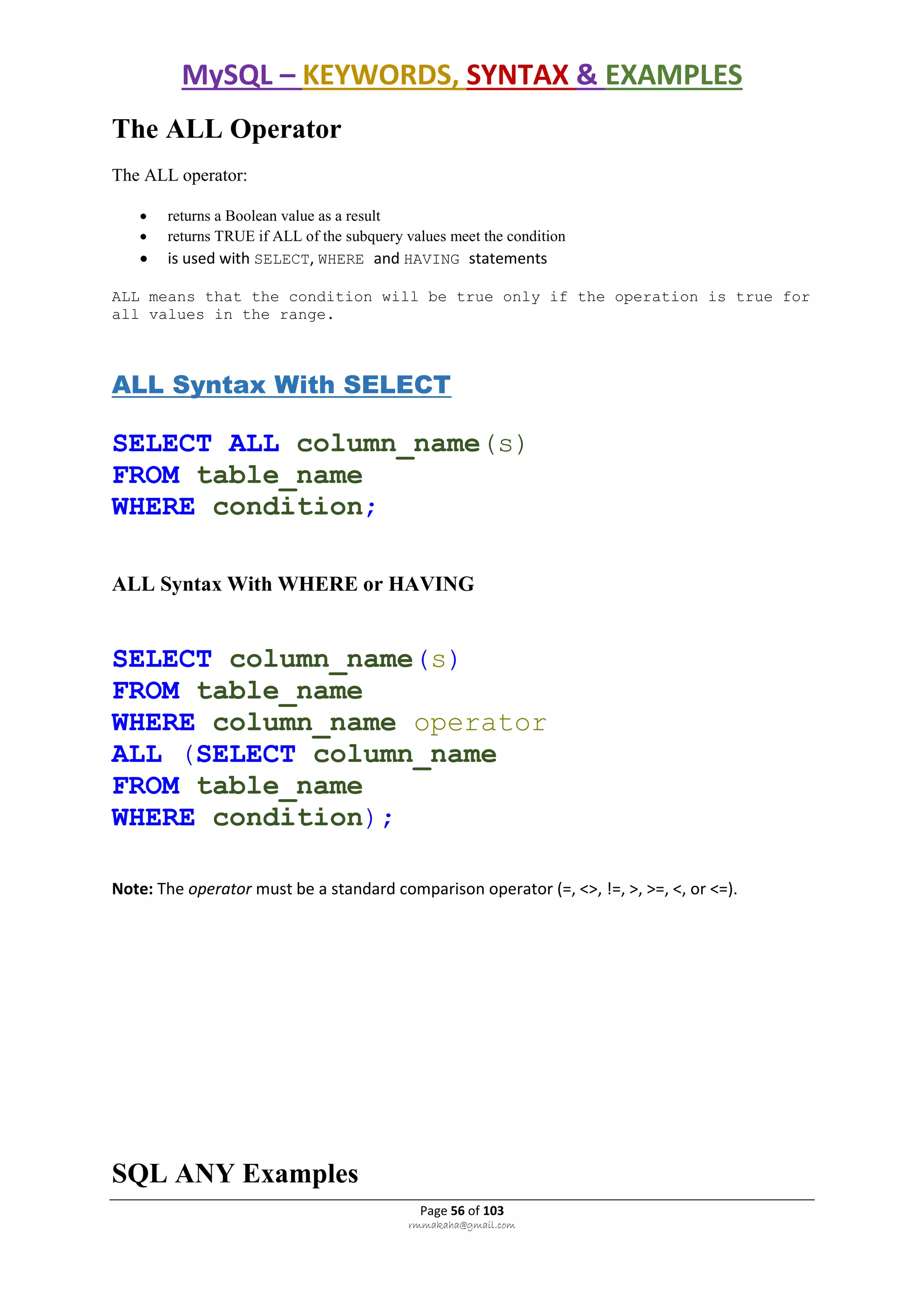 MySQL – KEYWORDS, SYNTAX & EXAMPLES
Page 56 of 103
rmmakaha@gmail.com
The ALL Operator
The ALL operator:
 returns a Boolean value as a result
 returns TRUE if ALL of the subquery values meet the condition
 is used with SELECT, WHERE and HAVING statements
ALL means that the condition will be true only if the operation is true for
all values in the range.
ALL Syntax With SELECT
SELECT ALL column_name(s)
FROM table_name
WHERE condition;
ALL Syntax With WHERE or HAVING
SELECT column_name(s)
FROM table_name
WHERE column_name operator
ALL (SELECT column_name
FROM table_name
WHERE condition);
Note: The operator must be a standard comparison operator (=, <>, !=, >, >=, <, or <=).
SQL ANY Examples
 
