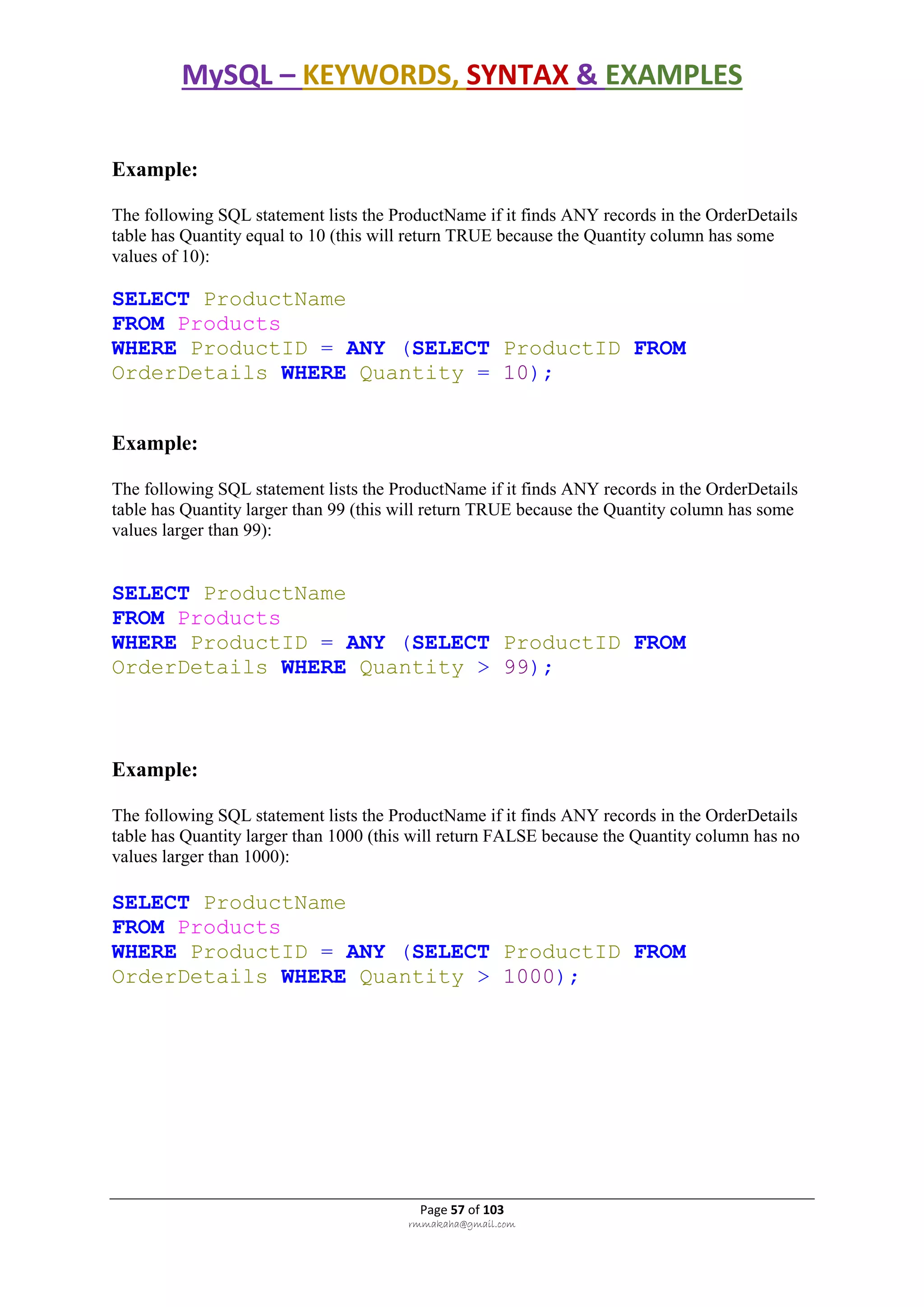 MySQL – KEYWORDS, SYNTAX & EXAMPLES
Page 57 of 103
rmmakaha@gmail.com
Example:
The following SQL statement lists the ProductName if it finds ANY records in the OrderDetails
table has Quantity equal to 10 (this will return TRUE because the Quantity column has some
values of 10):
SELECT ProductName
FROM Products
WHERE ProductID = ANY (SELECT ProductID FROM
OrderDetails WHERE Quantity = 10);
Example:
The following SQL statement lists the ProductName if it finds ANY records in the OrderDetails
table has Quantity larger than 99 (this will return TRUE because the Quantity column has some
values larger than 99):
SELECT ProductName
FROM Products
WHERE ProductID = ANY (SELECT ProductID FROM
OrderDetails WHERE Quantity > 99);
Example:
The following SQL statement lists the ProductName if it finds ANY records in the OrderDetails
table has Quantity larger than 1000 (this will return FALSE because the Quantity column has no
values larger than 1000):
SELECT ProductName
FROM Products
WHERE ProductID = ANY (SELECT ProductID FROM
OrderDetails WHERE Quantity > 1000);
 