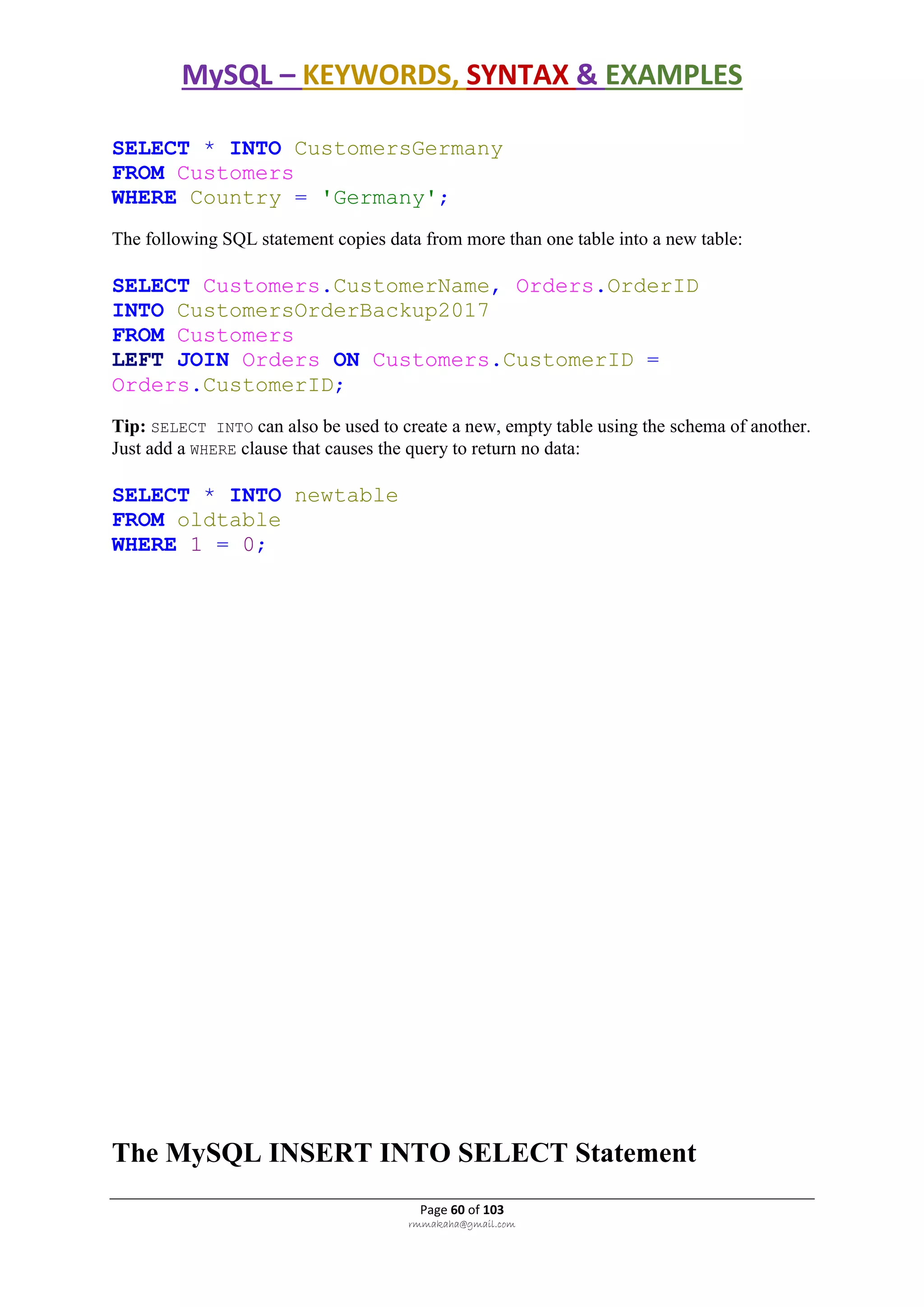 MySQL – KEYWORDS, SYNTAX & EXAMPLES
Page 60 of 103
rmmakaha@gmail.com
SELECT * INTO CustomersGermany
FROM Customers
WHERE Country = 'Germany';
The following SQL statement copies data from more than one table into a new table:
SELECT Customers.CustomerName, Orders.OrderID
INTO CustomersOrderBackup2017
FROM Customers
LEFT JOIN Orders ON Customers.CustomerID =
Orders.CustomerID;
Tip: SELECT INTO can also be used to create a new, empty table using the schema of another.
Just add a WHERE clause that causes the query to return no data:
SELECT * INTO newtable
FROM oldtable
WHERE 1 = 0;
The MySQL INSERT INTO SELECT Statement
 