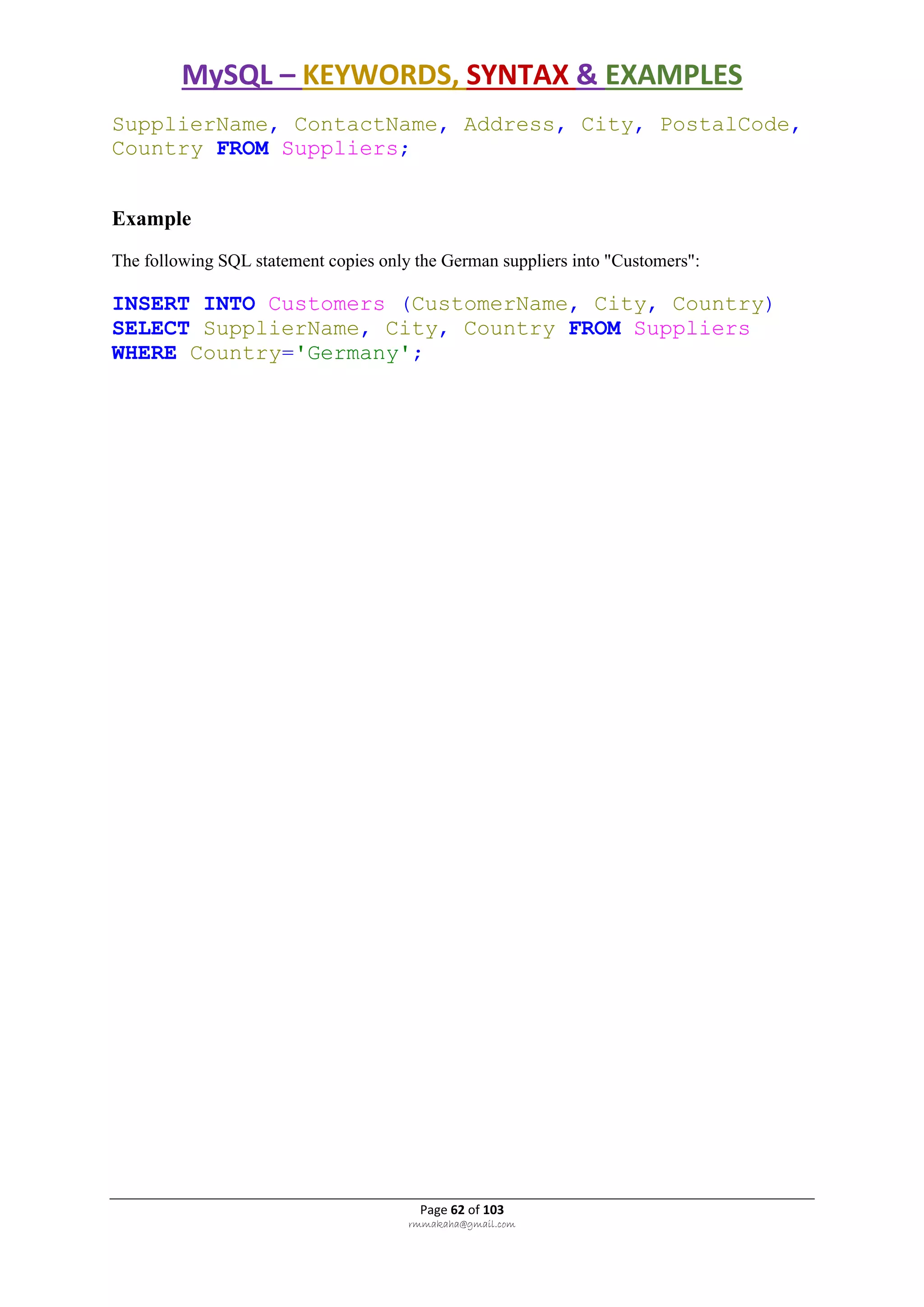 MySQL – KEYWORDS, SYNTAX & EXAMPLES
Page 62 of 103
rmmakaha@gmail.com
SupplierName, ContactName, Address, City, PostalCode,
Country FROM Suppliers;
Example
The following SQL statement copies only the German suppliers into "Customers":
INSERT INTO Customers (CustomerName, City, Country)
SELECT SupplierName, City, Country FROM Suppliers
WHERE Country='Germany';
 