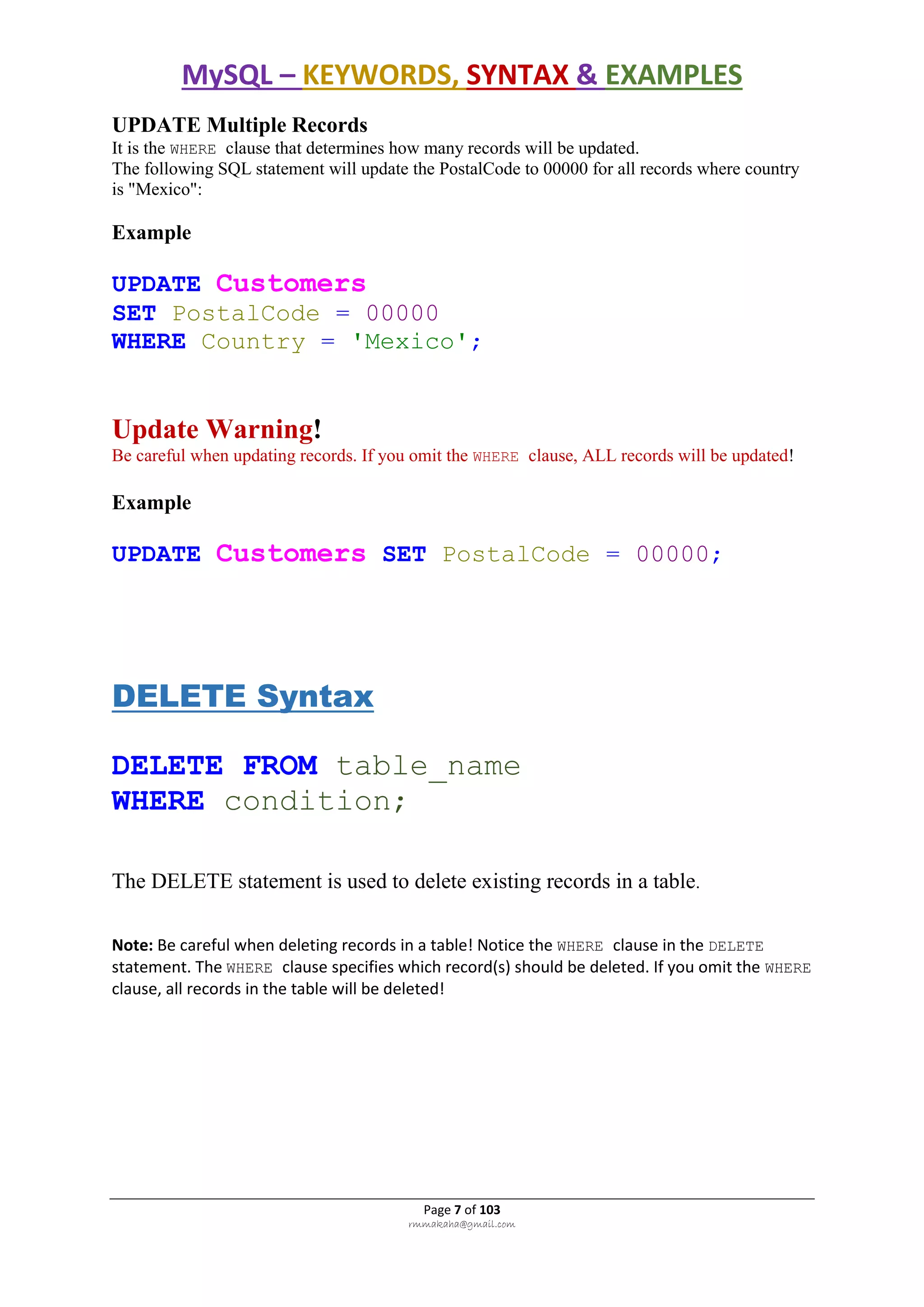 MySQL – KEYWORDS, SYNTAX & EXAMPLES
Page 7 of 103
rmmakaha@gmail.com
UPDATE Multiple Records
It is the WHERE clause that determines how many records will be updated.
The following SQL statement will update the PostalCode to 00000 for all records where country
is "Mexico":
Example
UPDATE Customers
SET PostalCode = 00000
WHERE Country = 'Mexico';
Update Warning!
Be careful when updating records. If you omit the WHERE clause, ALL records will be updated!
Example
UPDATE Customers SET PostalCode = 00000;
DELETE Syntax
DELETE FROM table_name
WHERE condition;
The DELETE statement is used to delete existing records in a table.
Note: Be careful when deleting records in a table! Notice the WHERE clause in the DELETE
statement. The WHERE clause specifies which record(s) should be deleted. If you omit the WHERE
clause, all records in the table will be deleted!
 