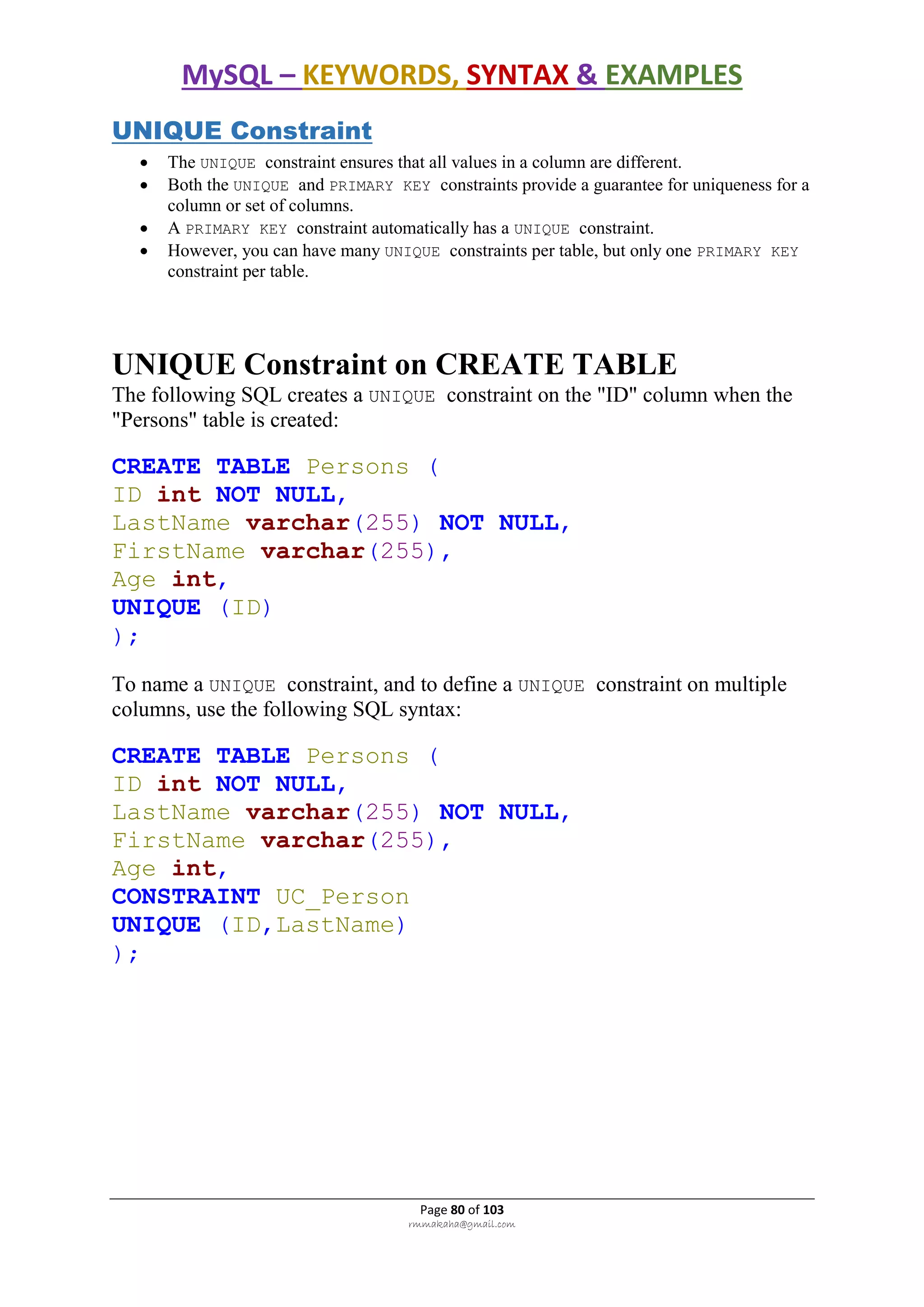 MySQL – KEYWORDS, SYNTAX & EXAMPLES
Page 80 of 103
rmmakaha@gmail.com
UNIQUE Constraint
 The UNIQUE constraint ensures that all values in a column are different.
 Both the UNIQUE and PRIMARY KEY constraints provide a guarantee for uniqueness for a
column or set of columns.
 A PRIMARY KEY constraint automatically has a UNIQUE constraint.
 However, you can have many UNIQUE constraints per table, but only one PRIMARY KEY
constraint per table.
UNIQUE Constraint on CREATE TABLE
The following SQL creates a UNIQUE constraint on the "ID" column when the
"Persons" table is created:
CREATE TABLE Persons (
ID int NOT NULL,
LastName varchar(255) NOT NULL,
FirstName varchar(255),
Age int,
UNIQUE (ID)
);
To name a UNIQUE constraint, and to define a UNIQUE constraint on multiple
columns, use the following SQL syntax:
CREATE TABLE Persons (
ID int NOT NULL,
LastName varchar(255) NOT NULL,
FirstName varchar(255),
Age int,
CONSTRAINT UC_Person
UNIQUE (ID,LastName)
);
 