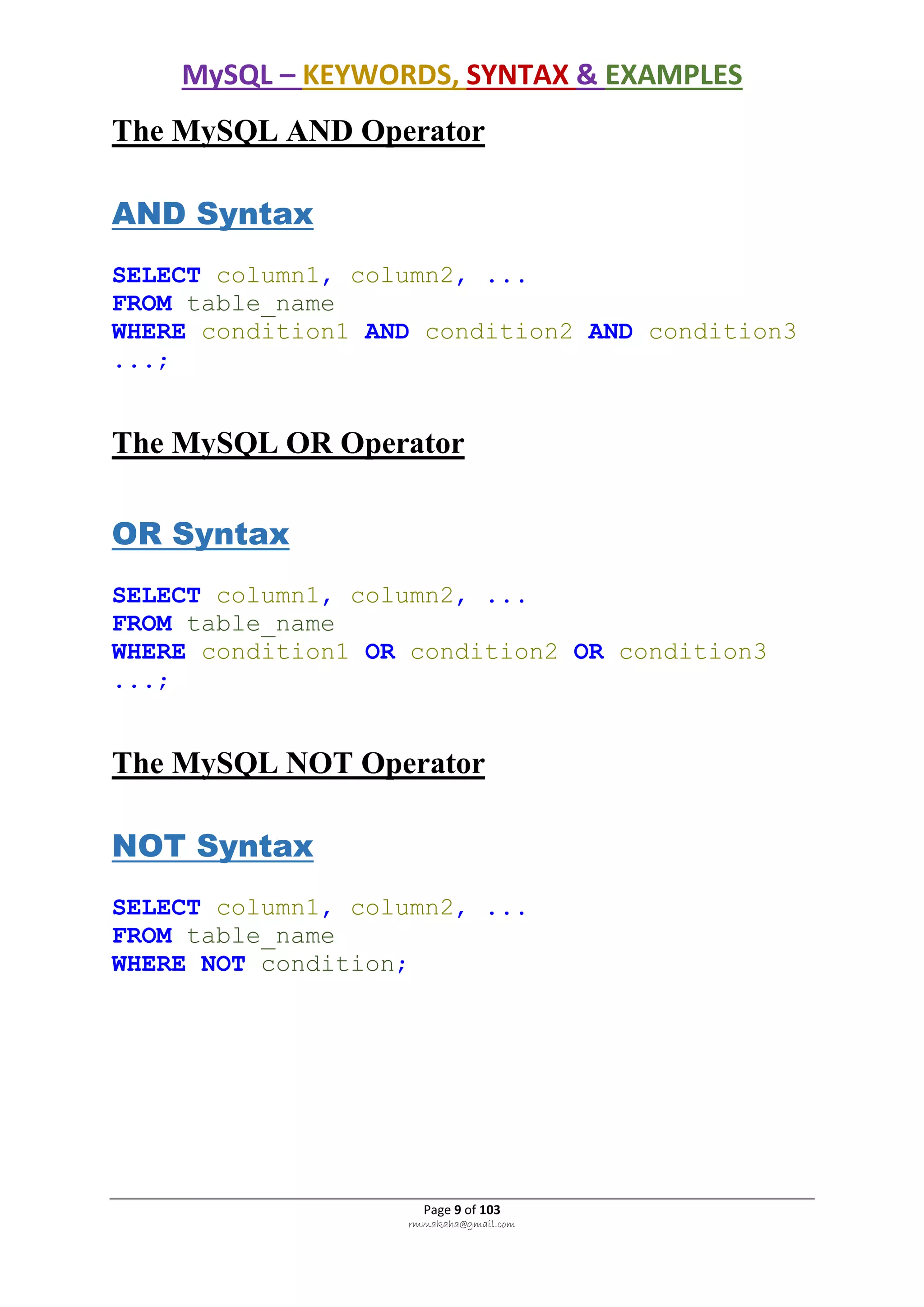 MySQL – KEYWORDS, SYNTAX & EXAMPLES
Page 9 of 103
rmmakaha@gmail.com
The MySQL AND Operator
AND Syntax
SELECT column1, column2, ...
FROM table_name
WHERE condition1 AND condition2 AND condition3
...;
The MySQL OR Operator
OR Syntax
SELECT column1, column2, ...
FROM table_name
WHERE condition1 OR condition2 OR condition3
...;
The MySQL NOT Operator
NOT Syntax
SELECT column1, column2, ...
FROM table_name
WHERE NOT condition;
 