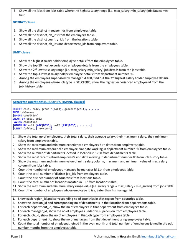 DBMS 5 | MySQL Practice List - HR Schema | PDF | Databases | Computer ...