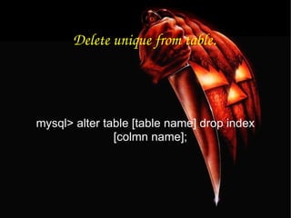 Delete unique from table. mysql> alter table [table name] drop index [colmn name]; 