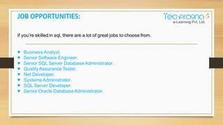 if you’re skilled in sql, there are a lot of great jobs to choose from.
♥ Business Analyst.
♥ Senior Software Engineer.
♥ Senior SQL Server Database Administrator.
♥ Quality Assurance Tester.
♥ Net Developer.
♥ Systems Administrator.
♥ SQL Server Developer.
♥ Senior Oracle DatabaseAdministrator.
 