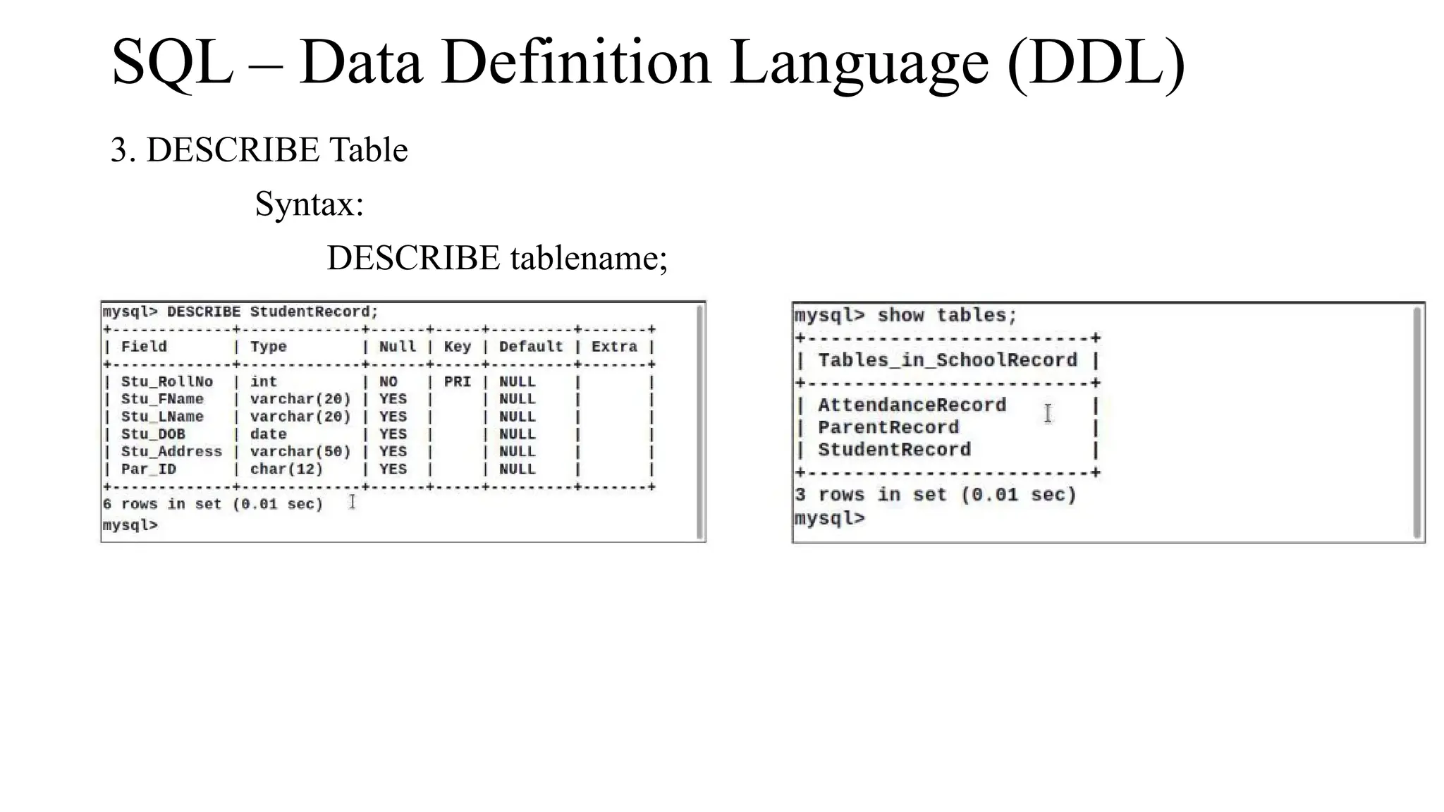 SQL – Data Definition Language (DDL)
3. DESCRIBE Table
Syntax:
DESCRIBE tablename;
 