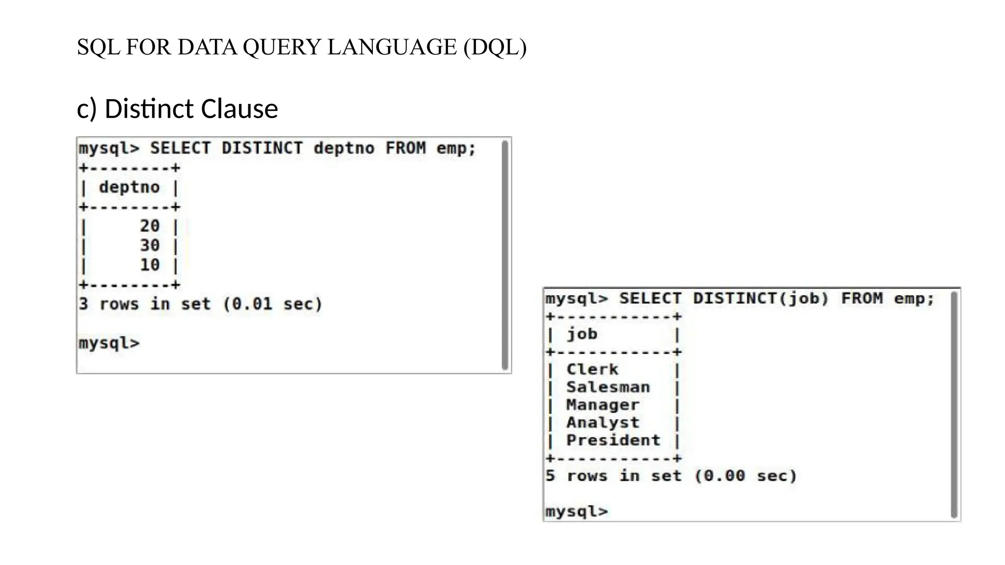 SQL FOR DATA QUERY LANGUAGE (DQL)
c) Distinct Clause
 