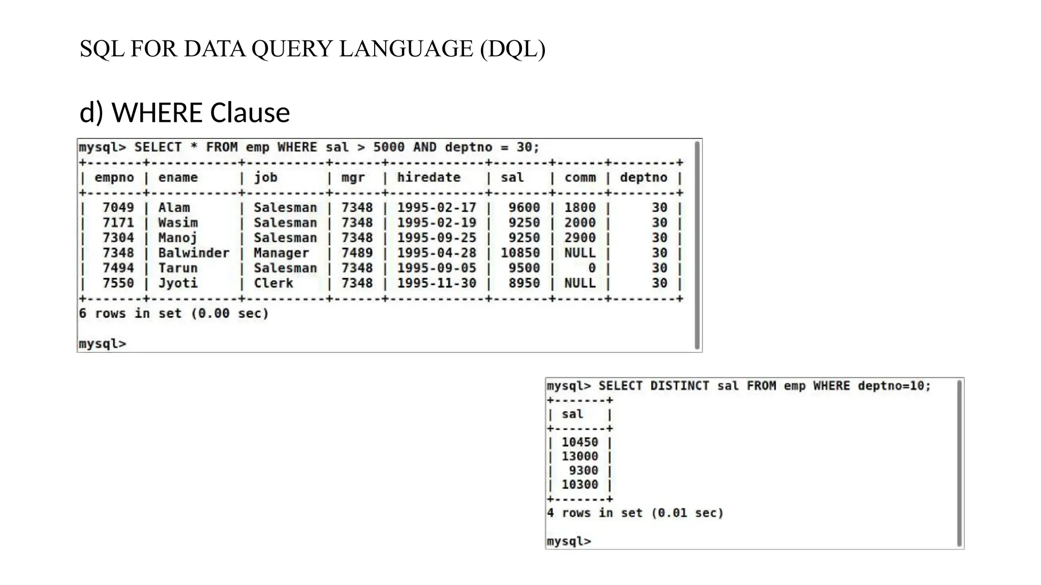 SQL FOR DATA QUERY LANGUAGE (DQL)
d) WHERE Clause
 