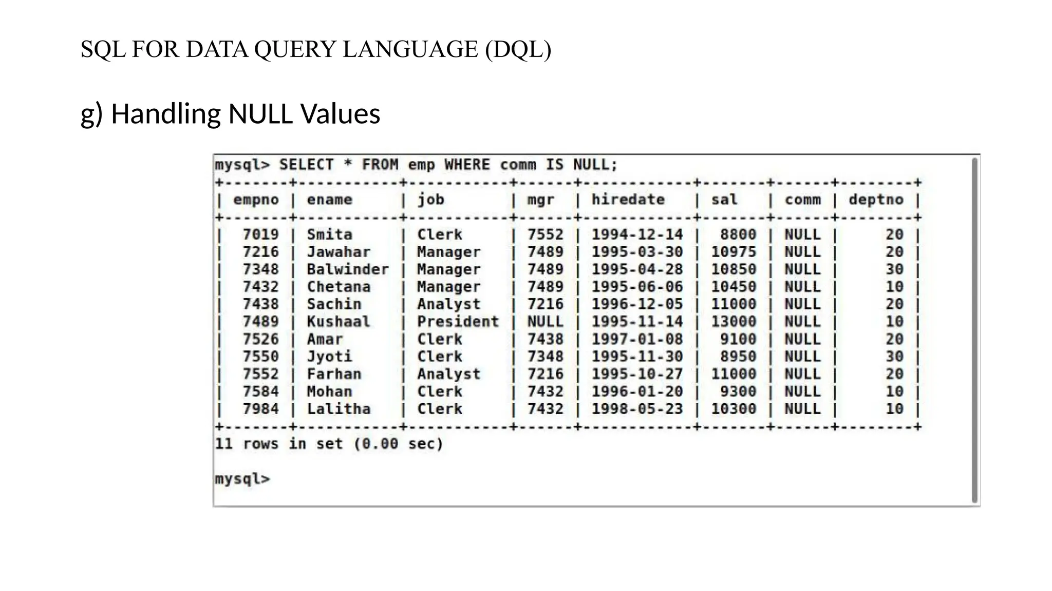 SQL FOR DATA QUERY LANGUAGE (DQL)
g) Handling NULL Values
 