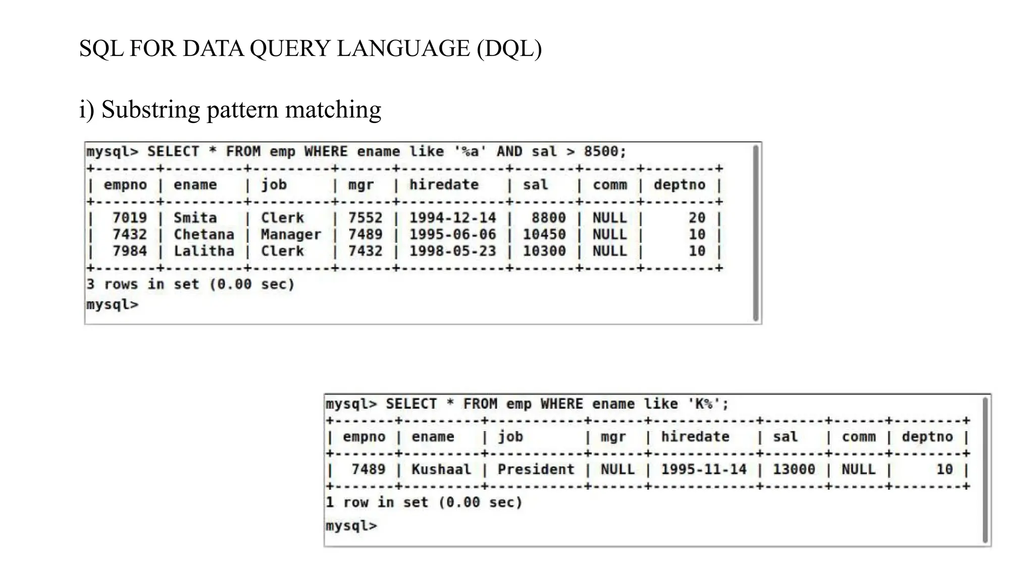 SQL FOR DATA QUERY LANGUAGE (DQL)
i) Substring pattern matching
 