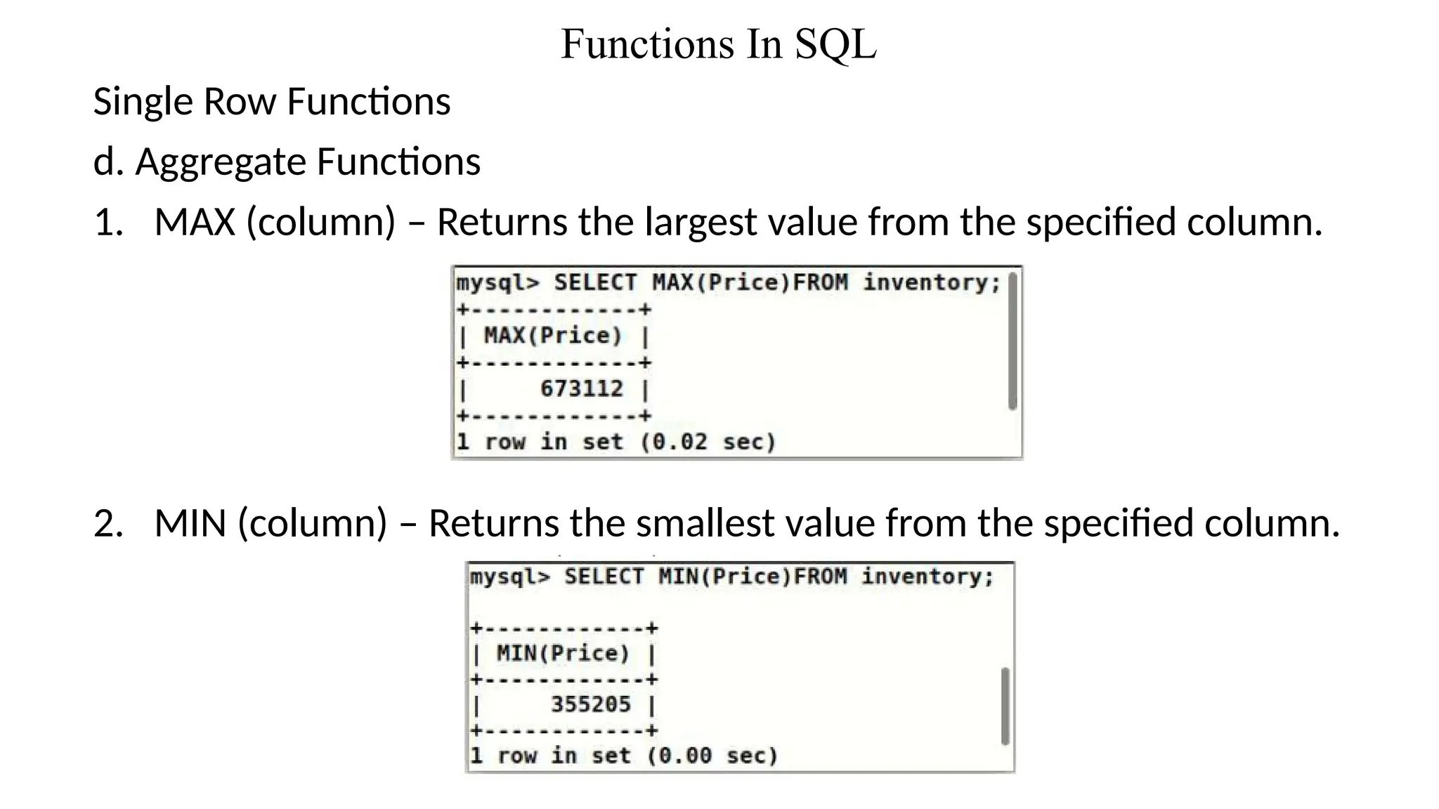 Functions In SQL
Single Row Functions
d. Aggregate Functions
1. MAX (column) – Returns the largest value from the specified column.
2. MIN (column) – Returns the smallest value from the specified column.
 