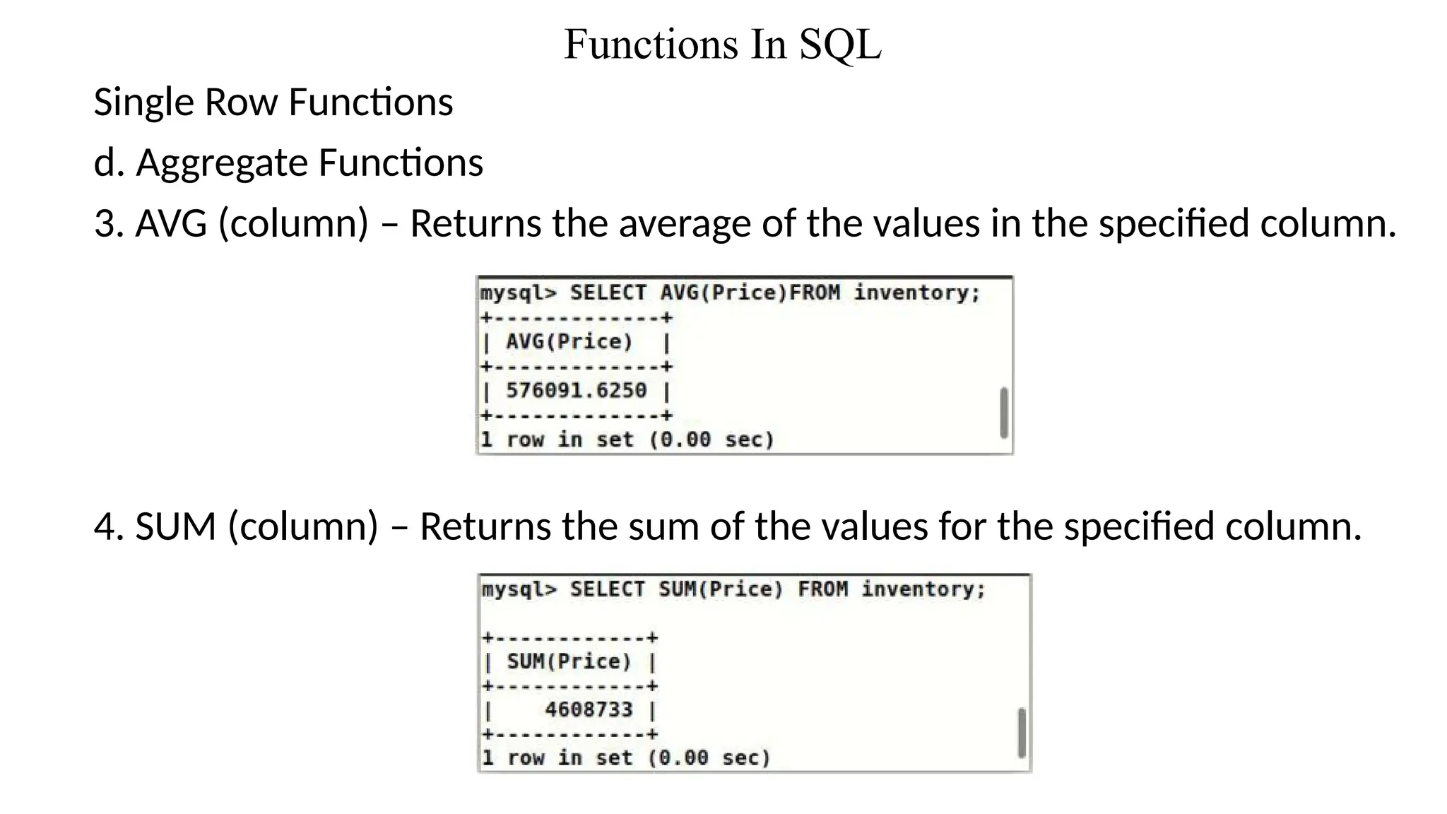 Functions In SQL
Single Row Functions
d. Aggregate Functions
3. AVG (column) – Returns the average of the values in the specified column.
4. SUM (column) – Returns the sum of the values for the specified column.
 