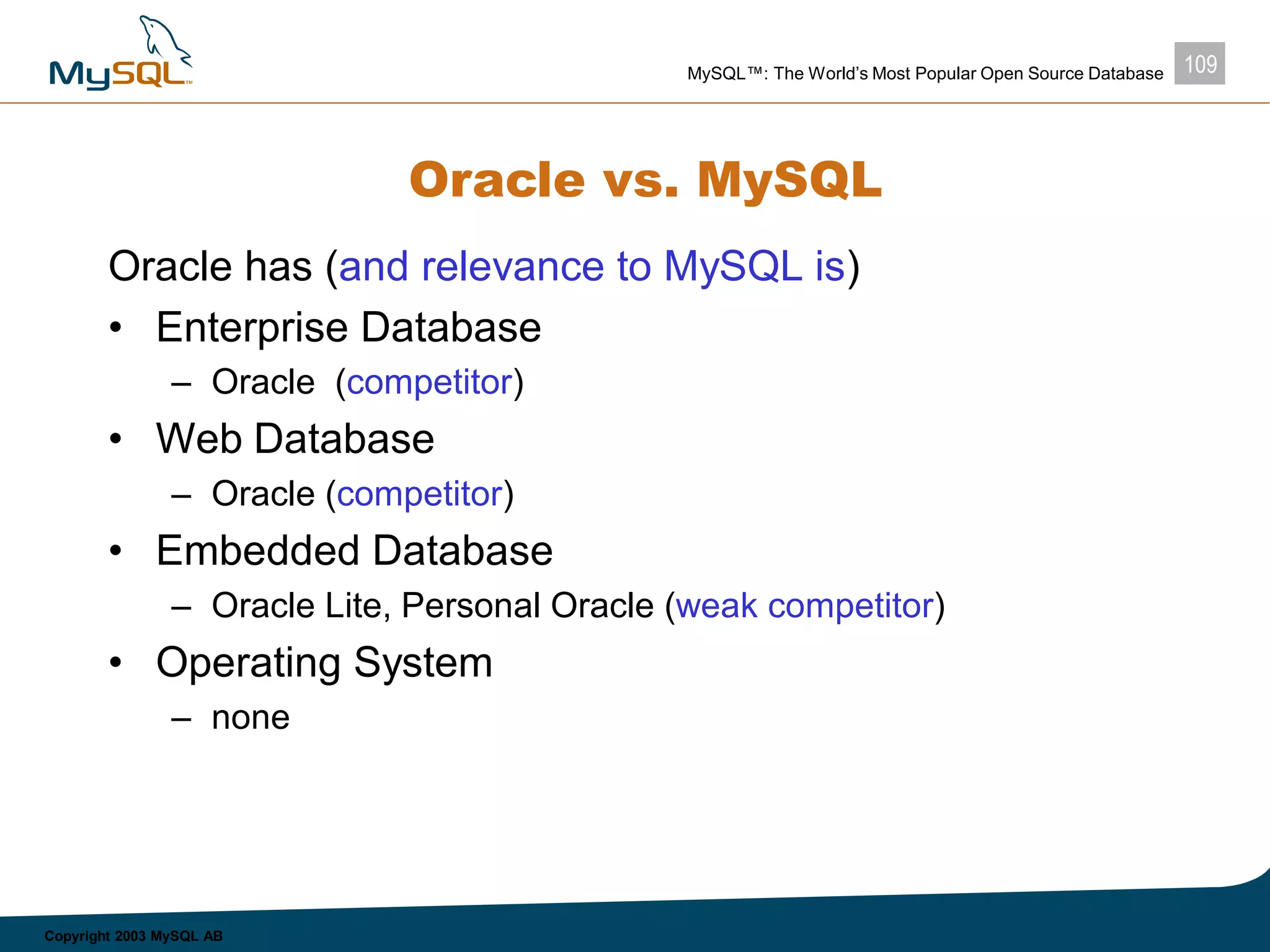 109MySQL™: The World’s Most Popular Open Source Database
Copyright 2003 MySQL AB
Oracle vs. MySQL
Oracle has (and relevance to MySQL is)
• Enterprise Database
– Oracle (competitor)
• Web Database
– Oracle (competitor)
• Embedded Database
– Oracle Lite, Personal Oracle (weak competitor)
• Operating System
– none
 