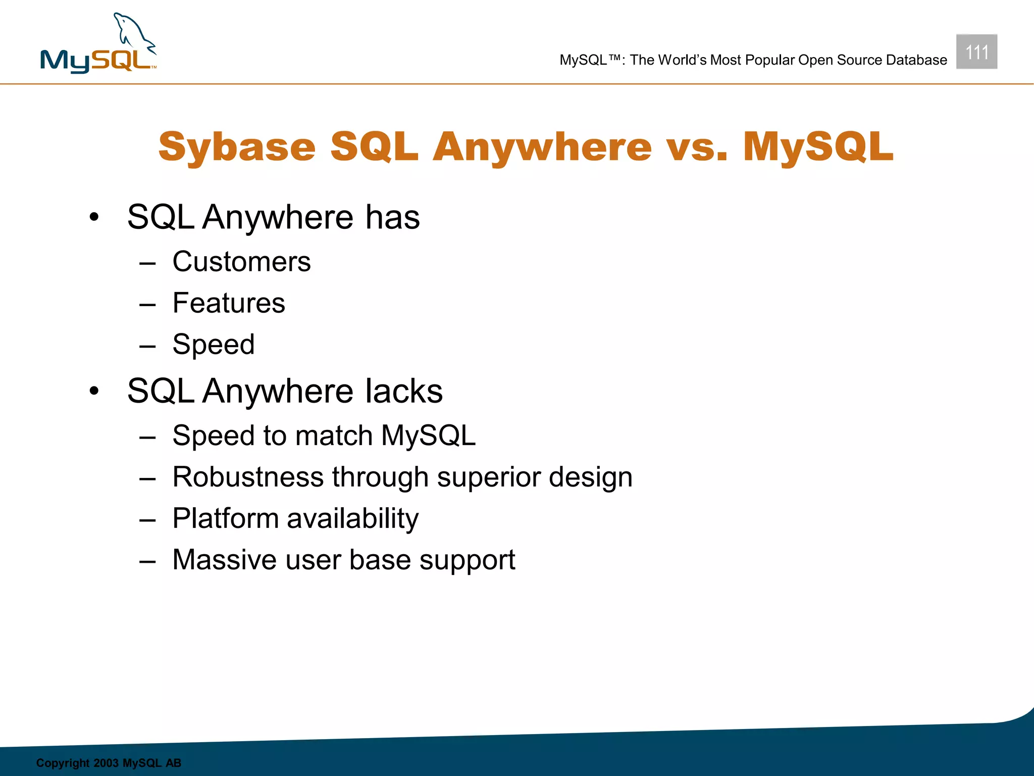 111MySQL™: The World’s Most Popular Open Source Database
Copyright 2003 MySQL AB
Sybase SQL Anywhere vs. MySQL
• SQL Anywhere has
– Customers
– Features
– Speed
• SQL Anywhere lacks
– Speed to match MySQL
– Robustness through superior design
– Platform availability
– Massive user base support
 