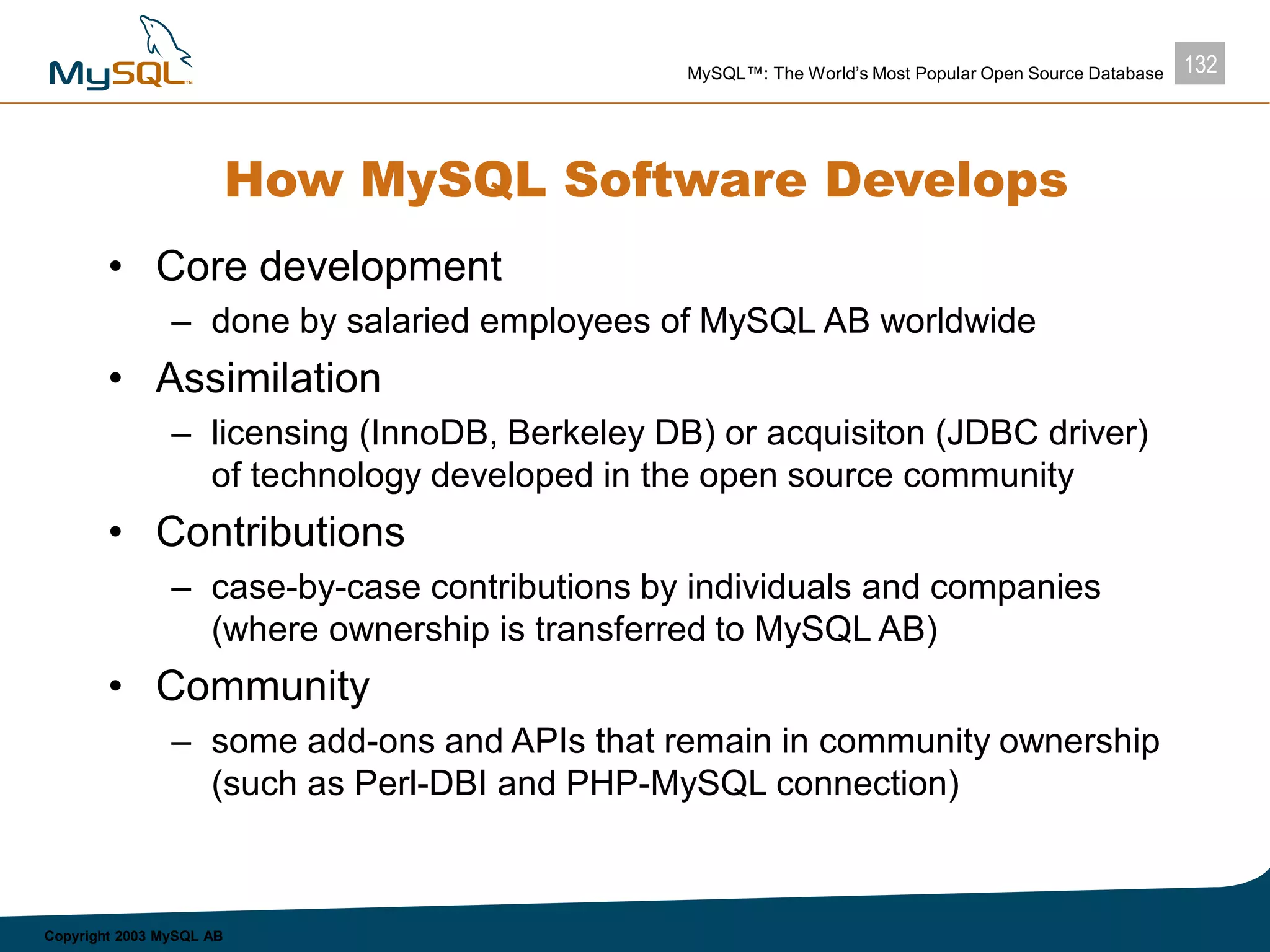 132MySQL™: The World’s Most Popular Open Source Database
Copyright 2003 MySQL AB
How MySQL Software Develops
• Core development
– done by salaried employees of MySQL AB worldwide
• Assimilation
– licensing (InnoDB, Berkeley DB) or acquisiton (JDBC driver)
of technology developed in the open source community
• Contributions
– case-by-case contributions by individuals and companies
(where ownership is transferred to MySQL AB)
• Community
– some add-ons and APIs that remain in community ownership
(such as Perl-DBI and PHP-MySQL connection)
 