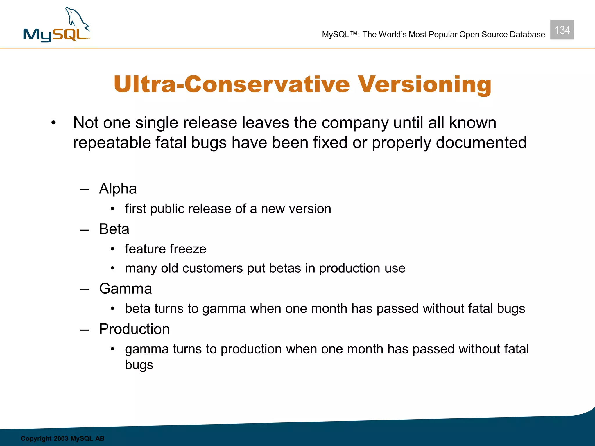 134MySQL™: The World’s Most Popular Open Source Database
Copyright 2003 MySQL AB
Ultra-Conservative Versioning
• Not one single release leaves the company until all known
repeatable fatal bugs have been fixed or properly documented
– Alpha
• first public release of a new version
– Beta
• feature freeze
• many old customers put betas in production use
– Gamma
• beta turns to gamma when one month has passed without fatal bugs
– Production
• gamma turns to production when one month has passed without fatal
bugs
 
