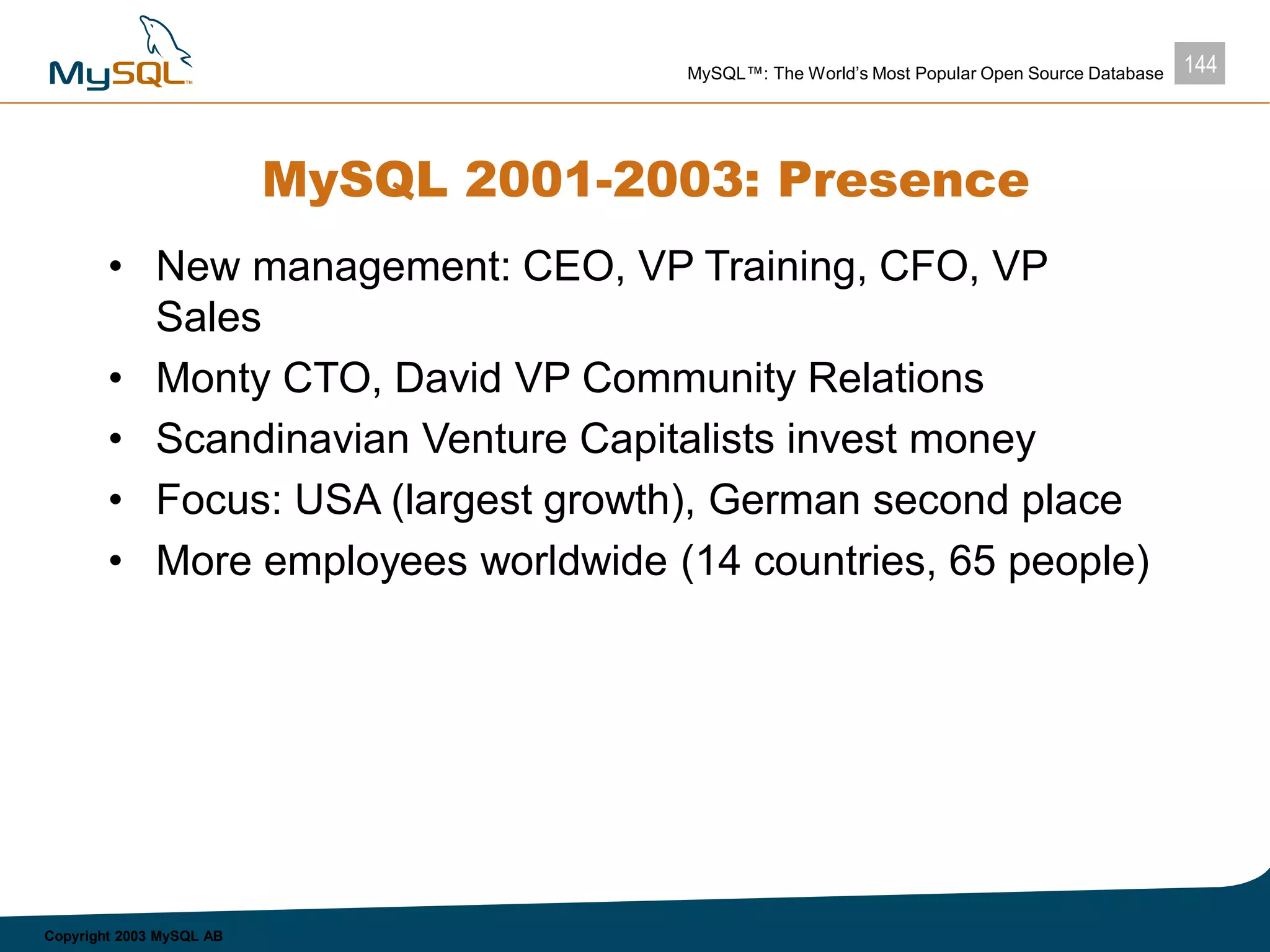 144MySQL™: The World’s Most Popular Open Source Database
Copyright 2003 MySQL AB
MySQL 2001-2003: Presence
• New management: CEO, VP Training, CFO, VP
Sales
• Monty CTO, David VP Community Relations
• Scandinavian Venture Capitalists invest money
• Focus: USA (largest growth), German second place
• More employees worldwide (14 countries, 65 people)
 