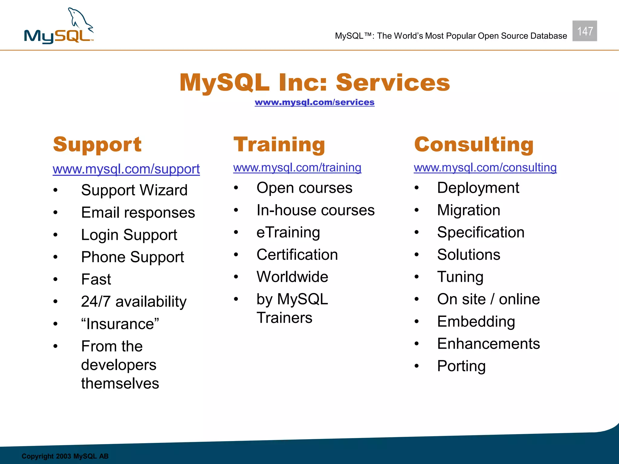 147MySQL™: The World’s Most Popular Open Source Database
Copyright 2003 MySQL AB
MySQL Inc: Services
www.mysql.com/services
Support
www.mysql.com/support
• Support Wizard
• Email responses
• Login Support
• Phone Support
• Fast
• 24/7 availability
• “Insurance”
• From the
developers
themselves
Training
www.mysql.com/training
• Open courses
• In-house courses
• eTraining
• Certification
• Worldwide
• by MySQL
Trainers
Consulting
www.mysql.com/consulting
• Deployment
• Migration
• Specification
• Solutions
• Tuning
• On site / online
• Embedding
• Enhancements
• Porting
 