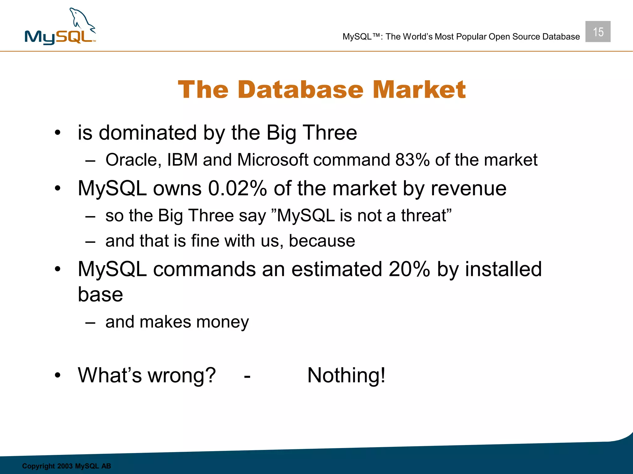 15MySQL™: The World’s Most Popular Open Source Database
Copyright 2003 MySQL AB
The Database Market
• is dominated by the Big Three
– Oracle, IBM and Microsoft command 83% of the market
• MySQL owns 0.02% of the market by revenue
– so the Big Three say ”MySQL is not a threat”
– and that is fine with us, because
• MySQL commands an estimated 20% by installed
base
– and makes money
• What’s wrong? - Nothing!
 