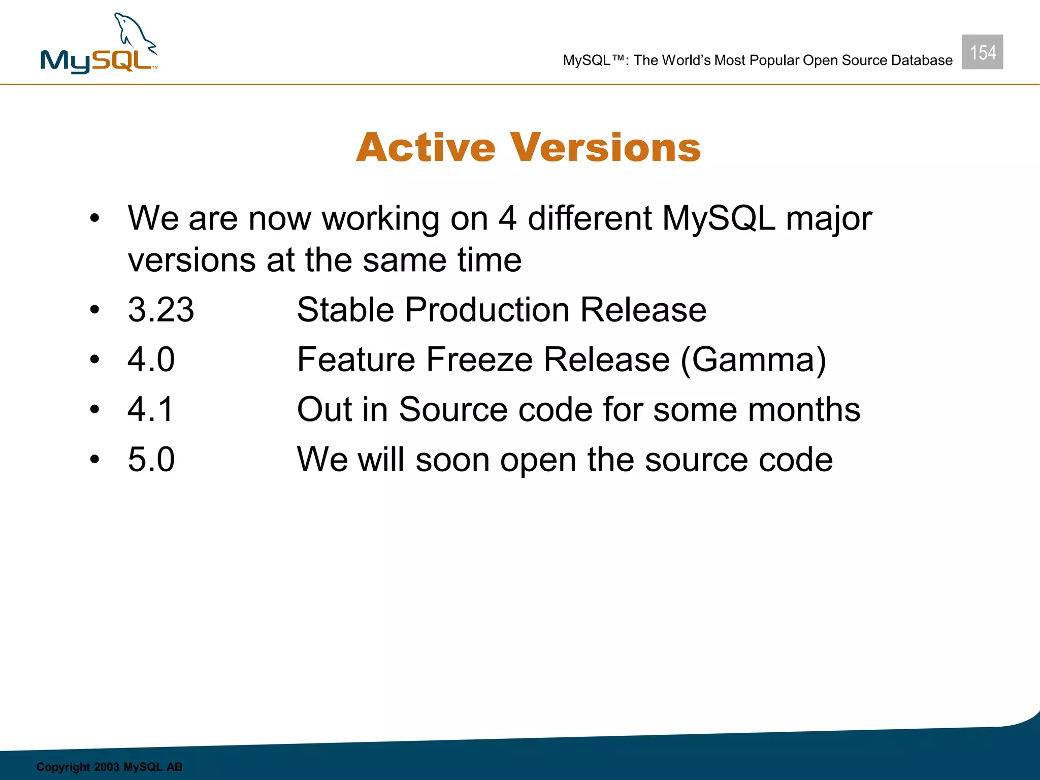154MySQL™: The World’s Most Popular Open Source Database
Copyright 2003 MySQL AB
Active Versions
• We are now working on 4 different MySQL major
versions at the same time
• 3.23 Stable Production Release
• 4.0 Feature Freeze Release (Gamma)
• 4.1 Out in Source code for some months
• 5.0 We will soon open the source code
 