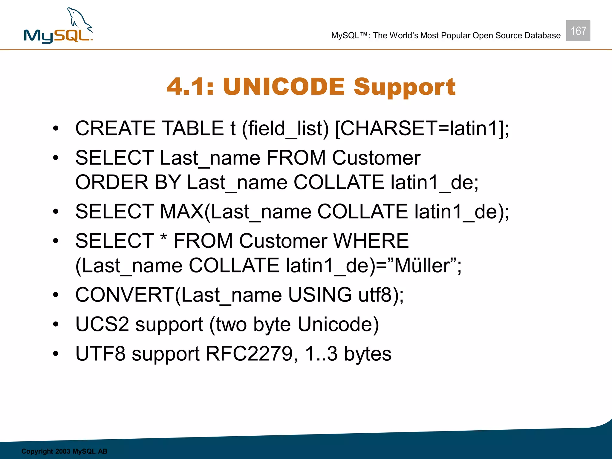 167MySQL™: The World’s Most Popular Open Source Database
Copyright 2003 MySQL AB
4.1: UNICODE Support
• CREATE TABLE t (field_list) [CHARSET=latin1];
• SELECT Last_name FROM Customer
ORDER BY Last_name COLLATE latin1_de;
• SELECT MAX(Last_name COLLATE latin1_de);
• SELECT * FROM Customer WHERE
(Last_name COLLATE latin1_de)=”Müller”;
• CONVERT(Last_name USING utf8);
• UCS2 support (two byte Unicode)
• UTF8 support RFC2279, 1..3 bytes
 