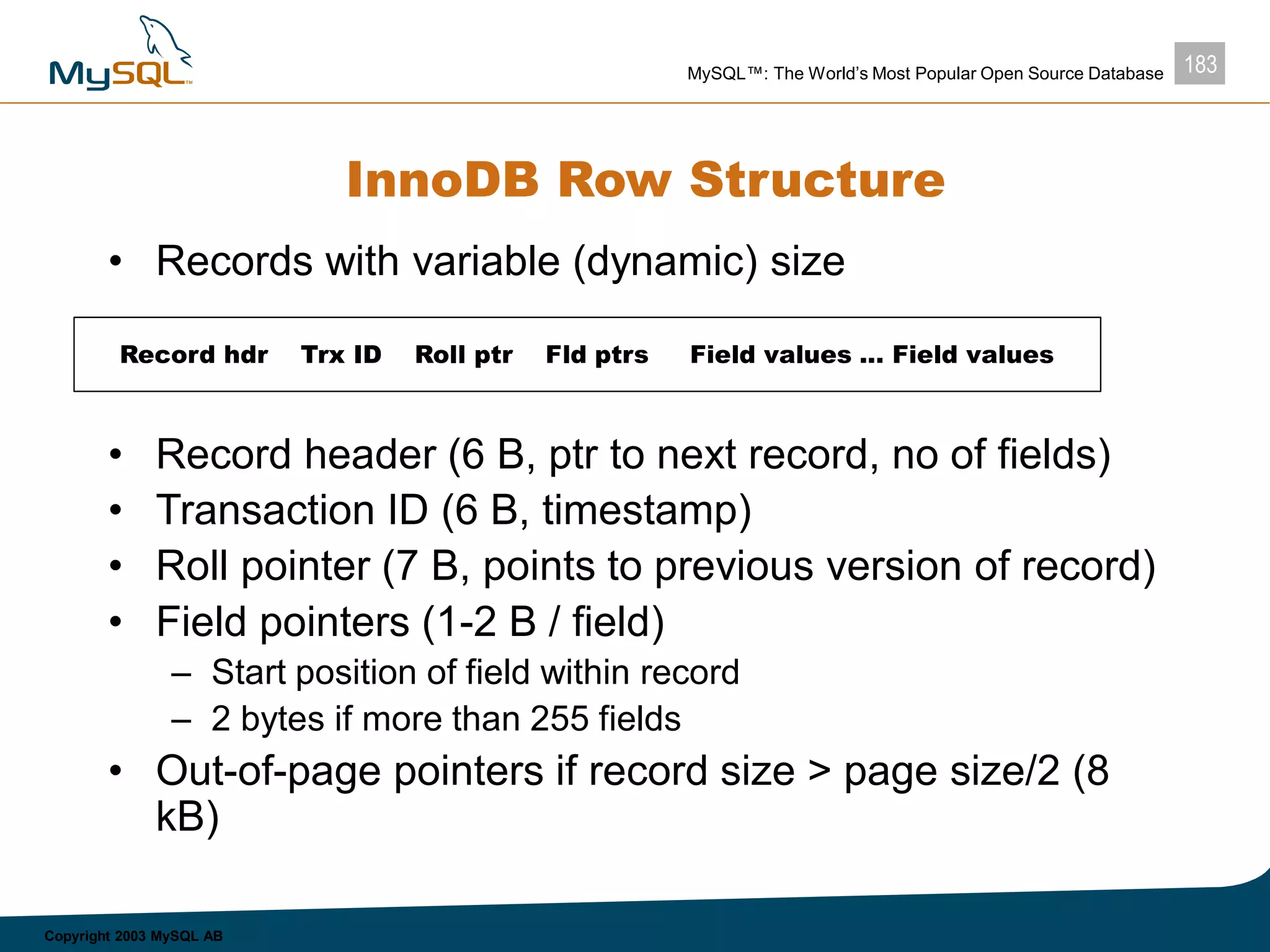 183MySQL™: The World’s Most Popular Open Source Database
Copyright 2003 MySQL AB
InnoDB Row Structure
• Records with variable (dynamic) size
• Record header (6 B, ptr to next record, no of fields)
• Transaction ID (6 B, timestamp)
• Roll pointer (7 B, points to previous version of record)
• Field pointers (1-2 B / field)
– Start position of field within record
– 2 bytes if more than 255 fields
• Out-of-page pointers if record size > page size/2 (8
kB)
Record hdr Trx ID Roll ptr Fld ptrs Field values ... Field values
 