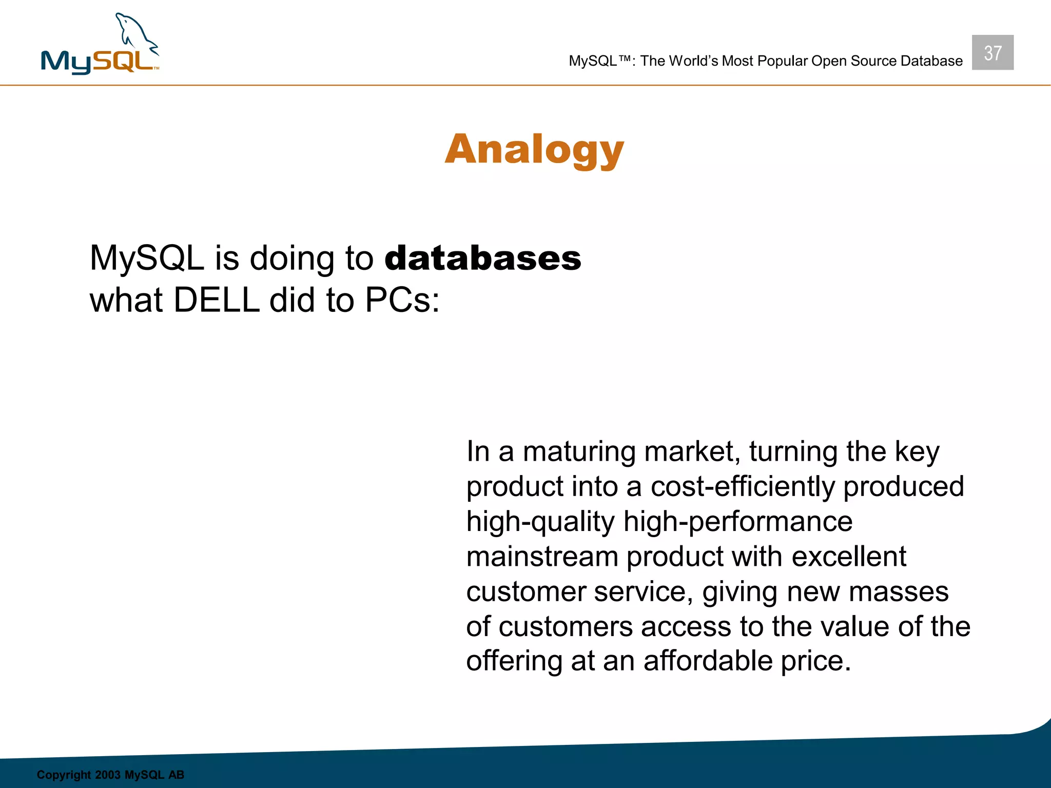 37MySQL™: The World’s Most Popular Open Source Database
Copyright 2003 MySQL AB
Analogy
MySQL is doing to databases
what DELL did to PCs:
In a maturing market, turning the key
product into a cost-efficiently produced
high-quality high-performance
mainstream product with excellent
customer service, giving new masses
of customers access to the value of the
offering at an affordable price.
 