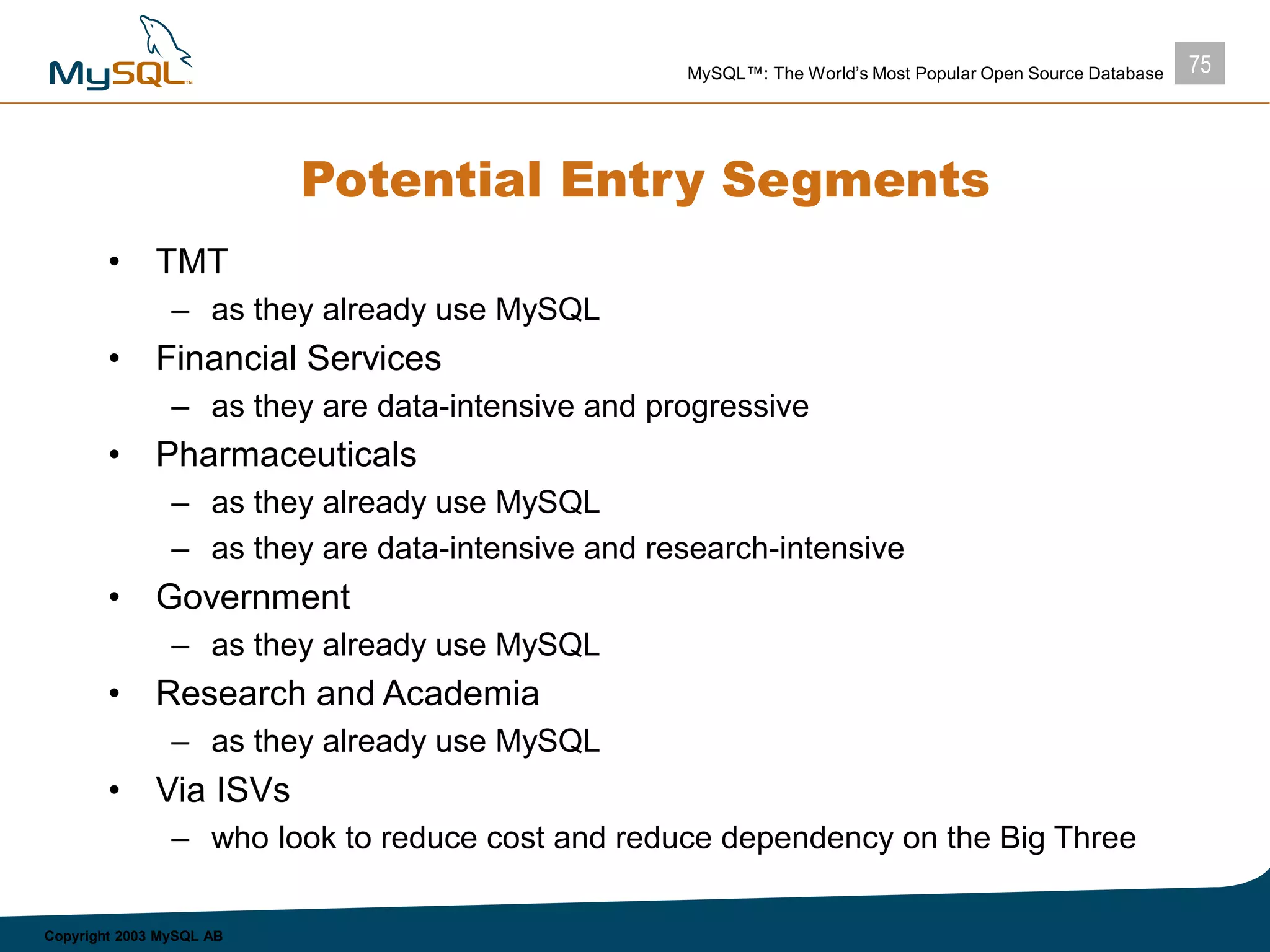 75MySQL™: The World’s Most Popular Open Source Database
Copyright 2003 MySQL AB
Potential Entry Segments
• TMT
– as they already use MySQL
• Financial Services
– as they are data-intensive and progressive
• Pharmaceuticals
– as they already use MySQL
– as they are data-intensive and research-intensive
• Government
– as they already use MySQL
• Research and Academia
– as they already use MySQL
• Via ISVs
– who look to reduce cost and reduce dependency on the Big Three
 